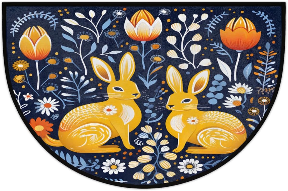 Easter Bunny Beautiful Flowers Half Round Door Mat Non-Slip Welcome Entryway Soft Area Rug Absorbent Bathroom Rugs Wear Resistant Indoor Kitchen Mats 24 x 36 in for Home Deck Patio Garage