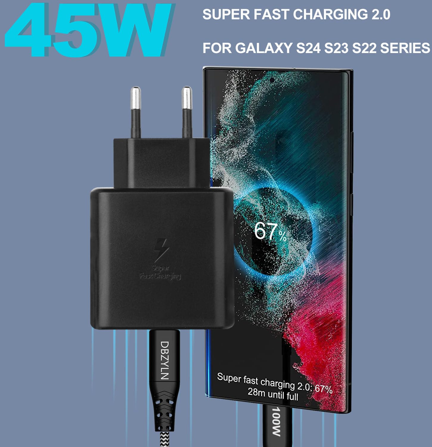 DBZYLN Caricatore 45W per Samsung Galaxy S24,S23,S22 Ultra,S24+ S23+,S22+,S21,S20,A54,Galaxy Tab S8 Ultra Caricabatterie Tipo C Ricarica Rapida USB C Carica Alimentatore con Cavo in Nylon - Nero