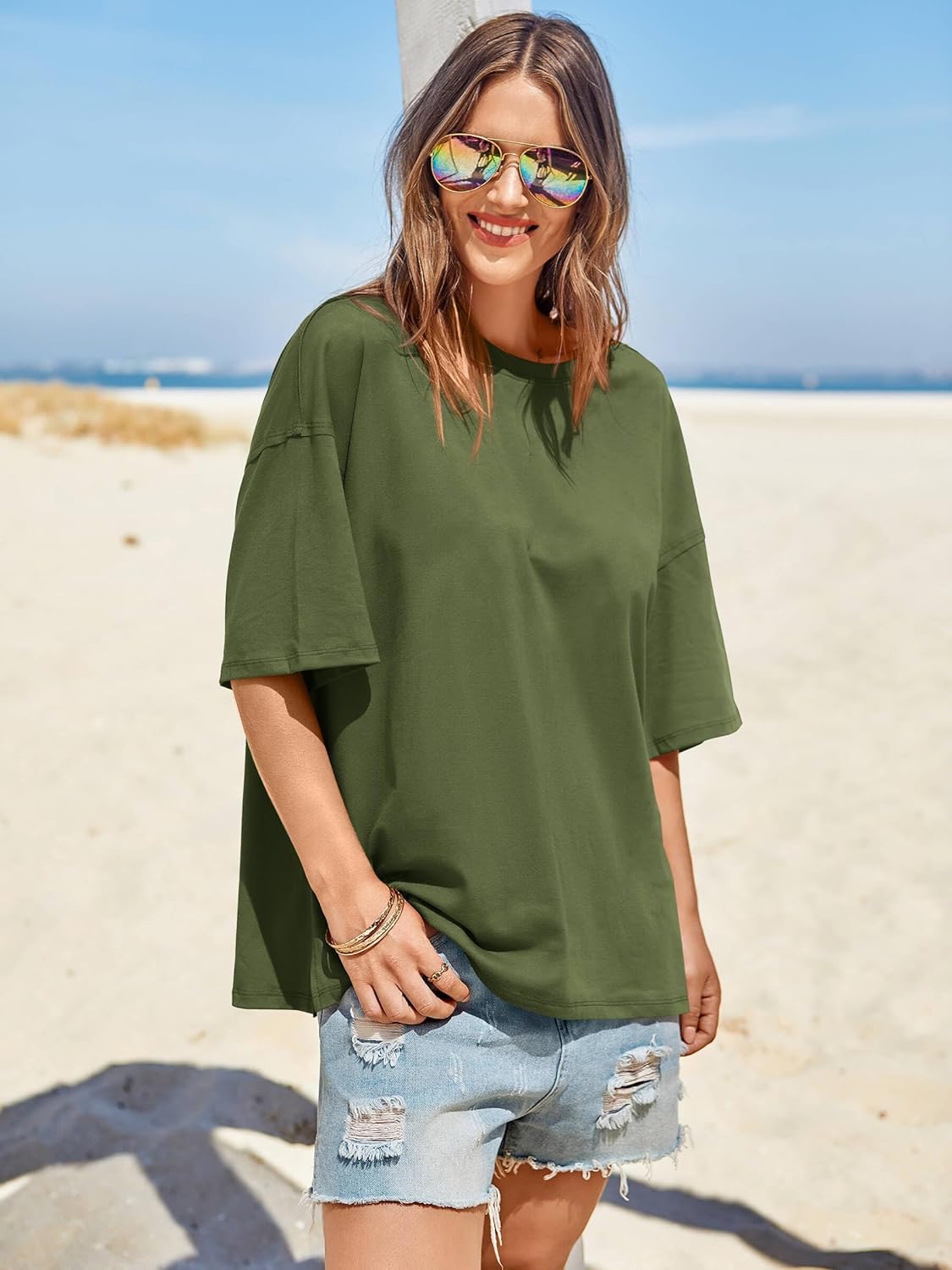 Tankaneo Womens Oversized Tshirts Summer Casual Short Sleeve Crew Neck T Shirt Loose Fit Side Slit Tee Tops - Image 3