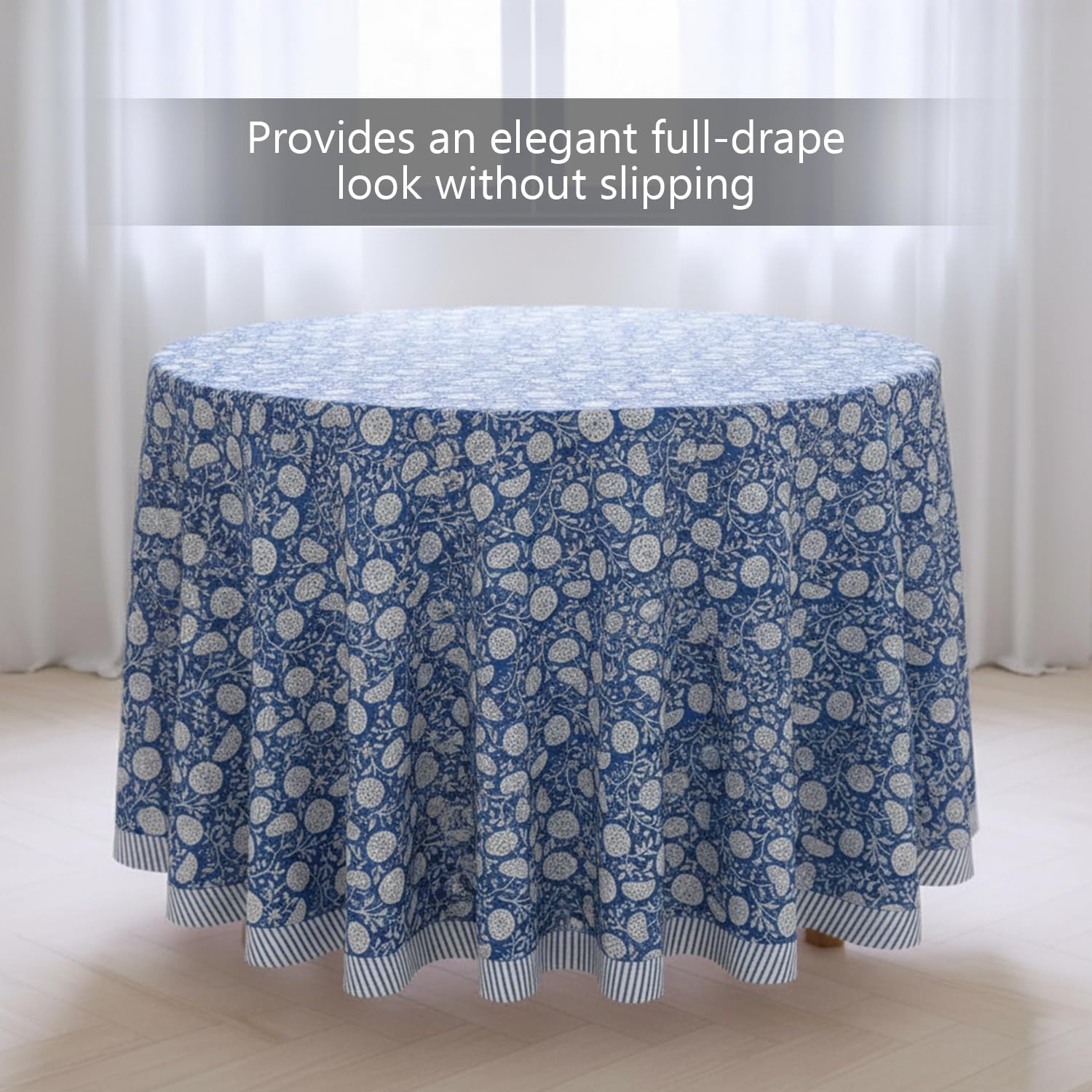 Blue & White Round Block Print Tablecloth, Floral Cotton Blend with White Striped Border, Handmade Dining Table Cover (72 Inch Round Seats 4 to 6)