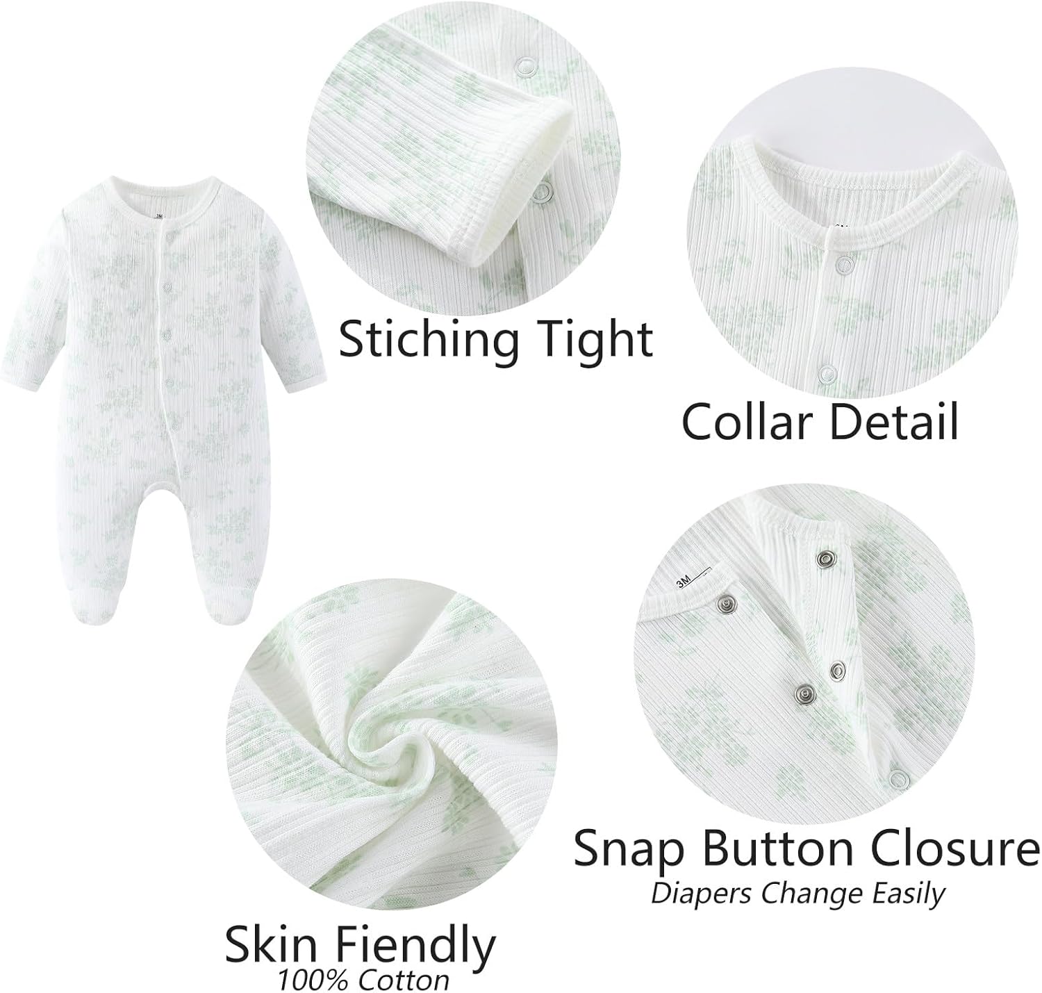Baby Boy Girls Clothes 2-Way Zip Footed Long Sleeve 100% Cotton,Newborn Caps and Scratch Mittens Set 0-6 Months - Image 5