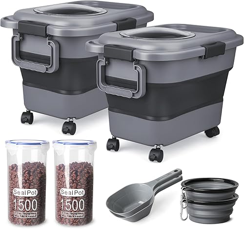 Contenedor de almacenamiento de comida para perros, paquete de 2 contenedores herméticos plegables de 20 libras para almacenamiento de alimentos