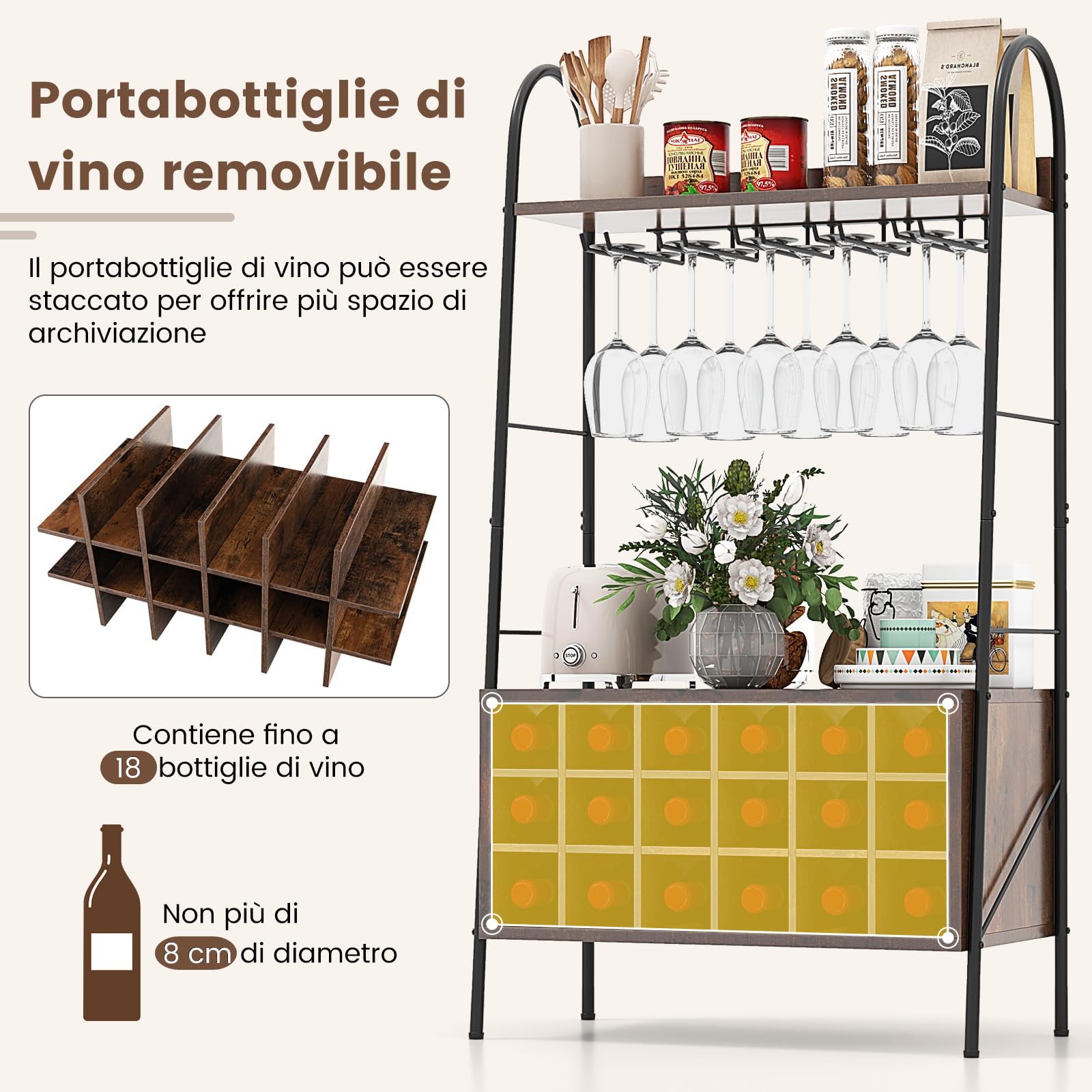 COSTWAY Mobiletto Portabottiglie da Vino, Mobile Bar Vino con Ripiani di Stoccaggio, 5 File di Portabicchieri e 18 Scomparti per Vino, per Soggiorno Cucina, Bar, 63 x 32 x 114,5 cm