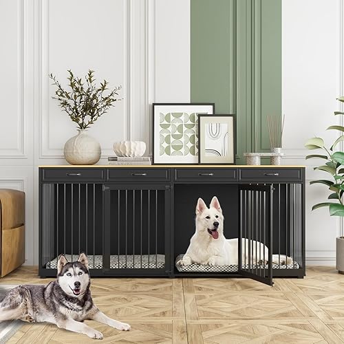 Miniatura 2 de Jaula para perros extra grande con habitaciones dobles, jaula de madera resistente de 93 pulgadas para perros, jaula para perros con cajones y