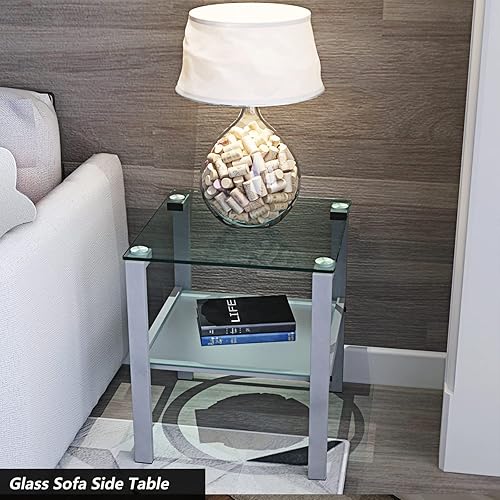 Miniatura 5 de Mesa auxiliar de cristal, mesa auxiliar para sala de estar, mesa de esquina pequeña, vidrio templado transparente y patas de metal gris, 2 capas