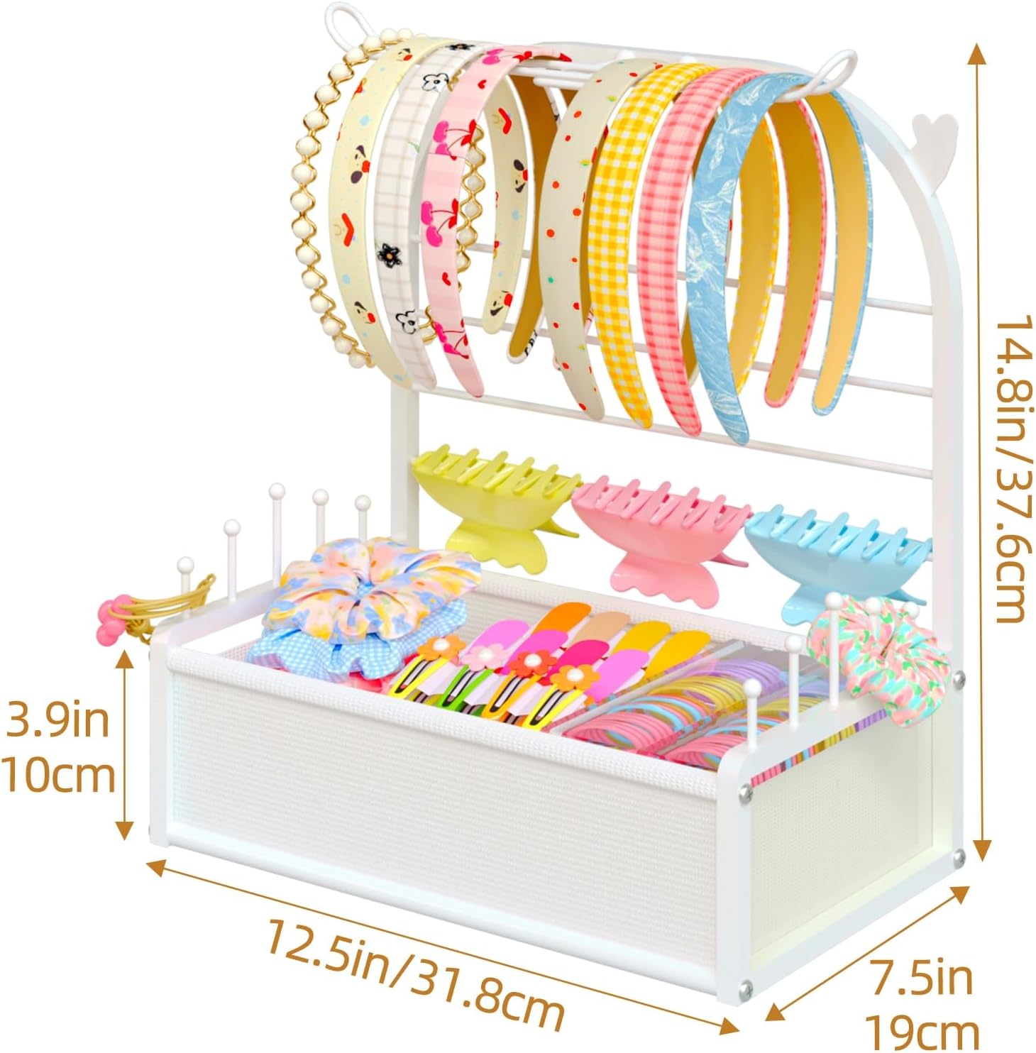 Headband Holder Stand Hair Accessories Organizer for Girls with Storage Base, Deer Antler Display for Headbands, Scrunchies, Bows & Clips, Cute Vanity Organizer, White