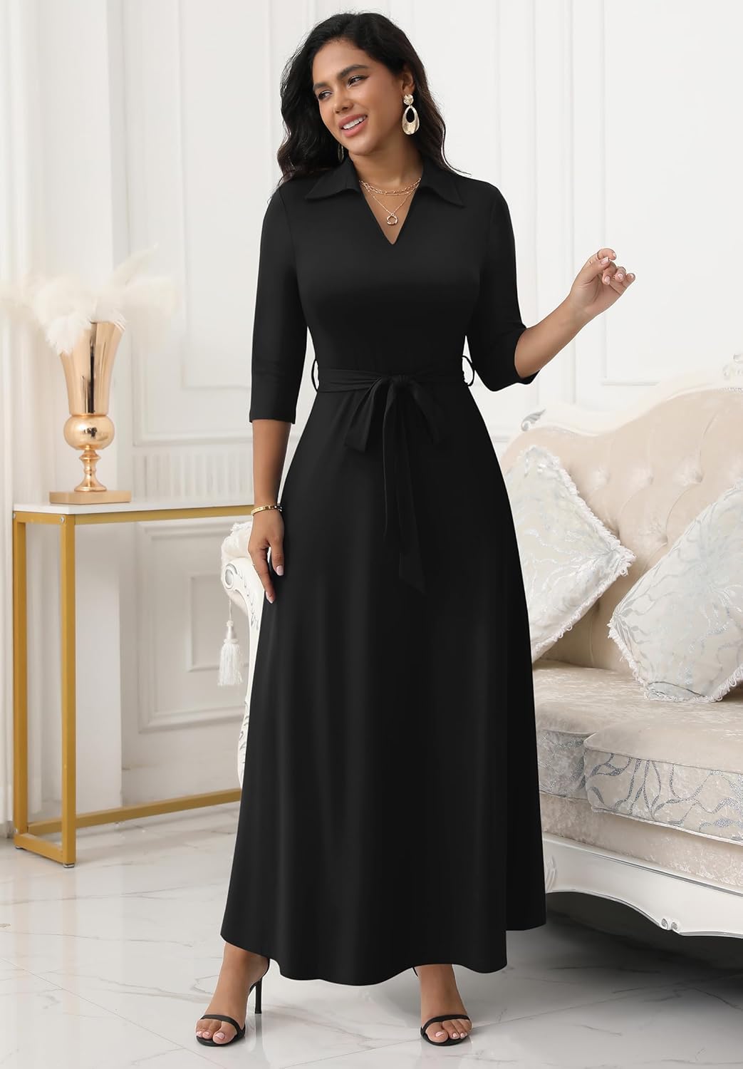 FANDEE Maxi Dresses for Women V Neck Casual A-line Dress 3/4 Sleeve Semi Formal Dress for Women - Image 2