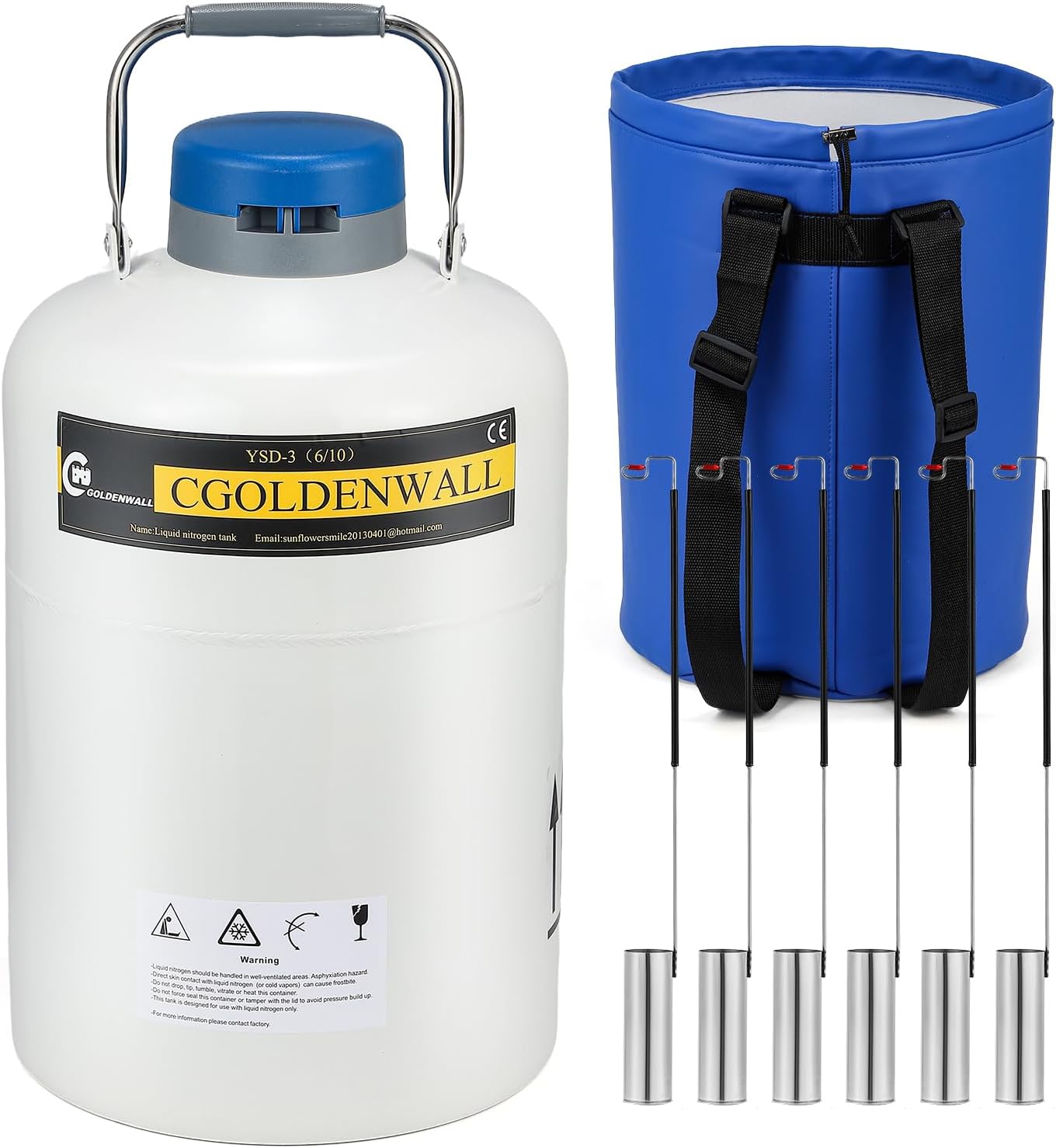 CGOLDENWALL 10L Cryogenic Container Liquid Nitrogen LN2 Tank Dewar Liquid nitrogen dewar Aluminum Alloy with 6 Canisters and Carry Bag (10L)