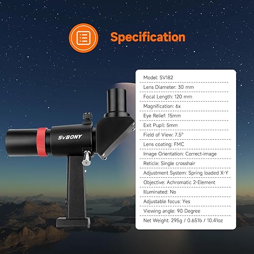 Miniatura 9 de SVBONY SV182 Finderscope, buscador óptico de imagen correcta en ángulo recto, alcance de 6 x 30 para telescopio de astronomía, con mira y soporte