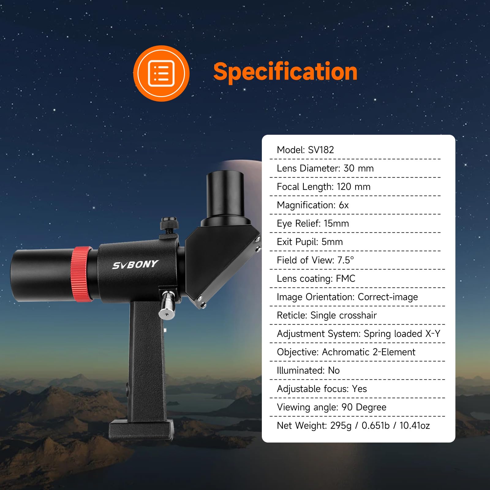 SVBONY Buscador SV182, buscador óptico de Imagen Correcta en ángulo Recto, Alcance buscador de 6 x 30 para telescopio astronómico, con retícula y Soporte