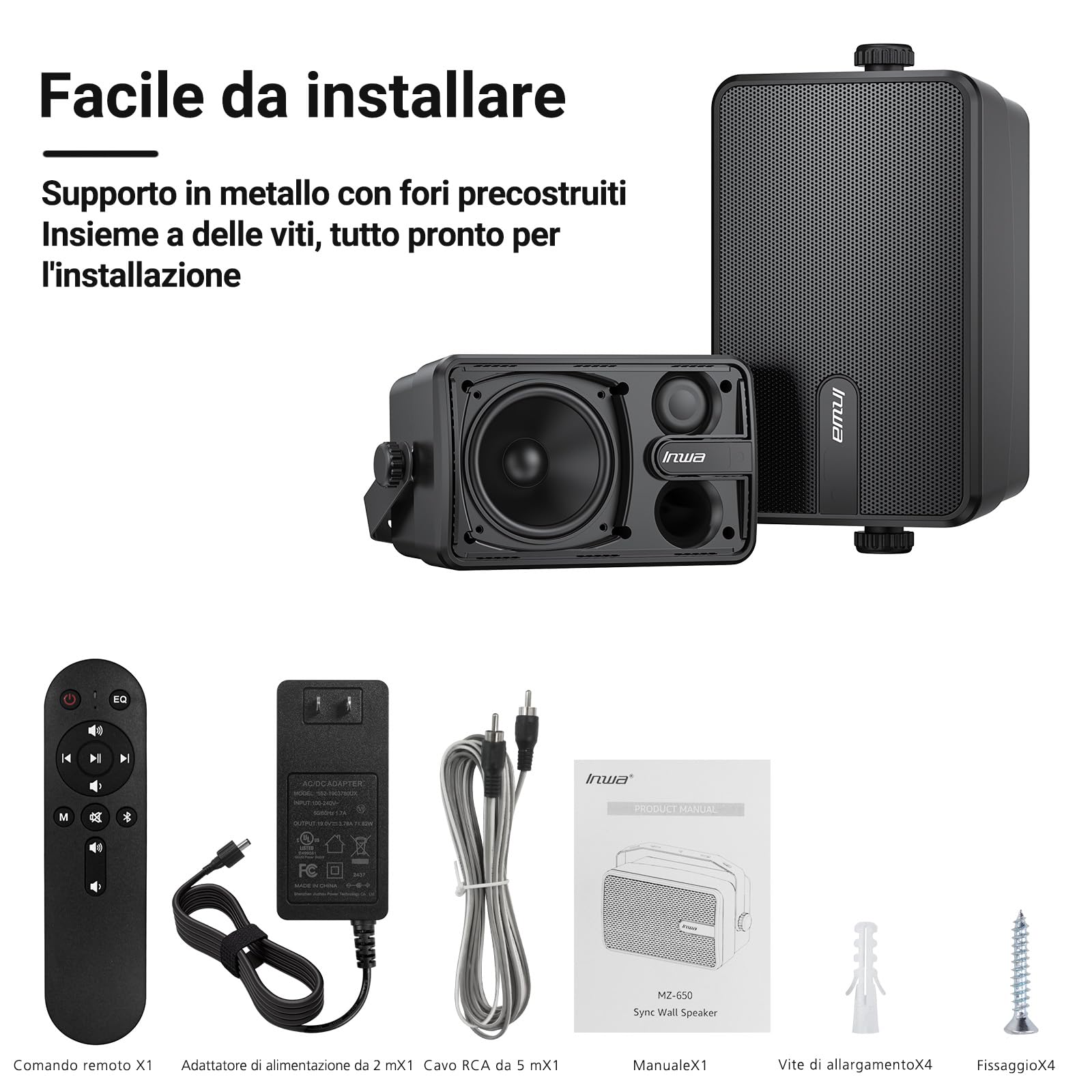 Inwa Altoparlante Bluetooth, Altoparlante con supporto a parete attivo e passivo, impermeabile, set audio stereo wireless con ingresso Aux, sistema audio adatto per gazebo (coppia, potenza di picco