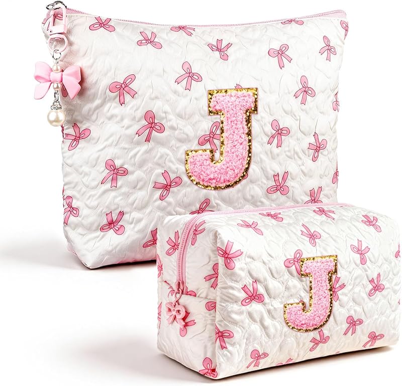 Necessaire de maquiagem Giftota acolchoada com estampa de laço, zíper metálico e inicial J, Pacote com 2