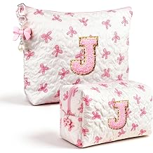 Initial Makeup Bag, Valentines Day Gifts for Women Teens Girls Birthday Gift Personalized Bow Cosmetic Bag, Quilted Cosmetic Travel Toiletry Pouch, Cute Makeup Organizer Teen Girl Gifts Trendy Stuff J