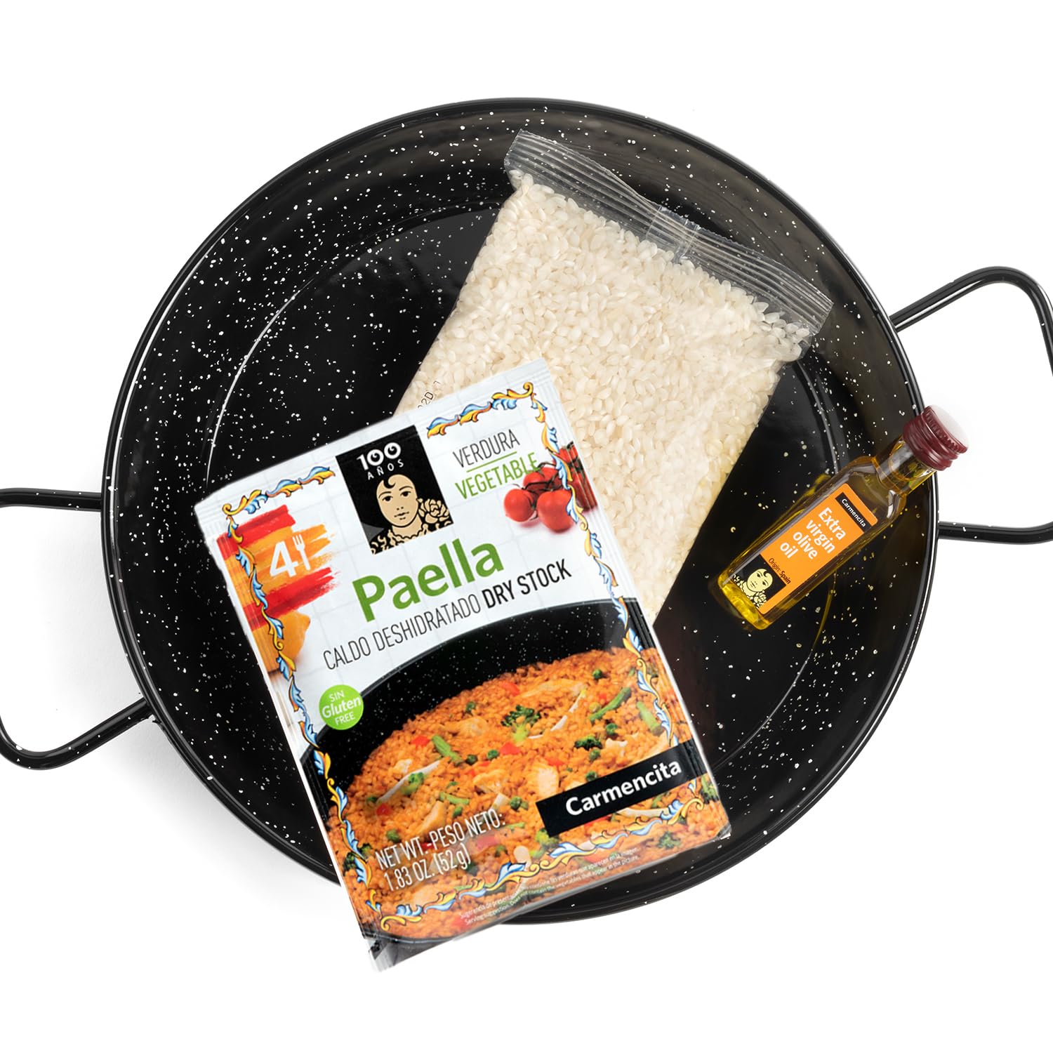 Carmencita - Paella Kit Verduras, Paellera 26 cm | Preparado para paella | Incluye Paellera e ingredientes paella de verduras, SIN GLUTEN | 4 Raciones | Incluye paellera apta para todos los fuegos