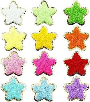 SaktopDeco 12 PCS Star Patches Golden Edges Iron On Patch Chenille Embroidery Fabric Patche Sew On Patch for DIY Hats Bags Clothes