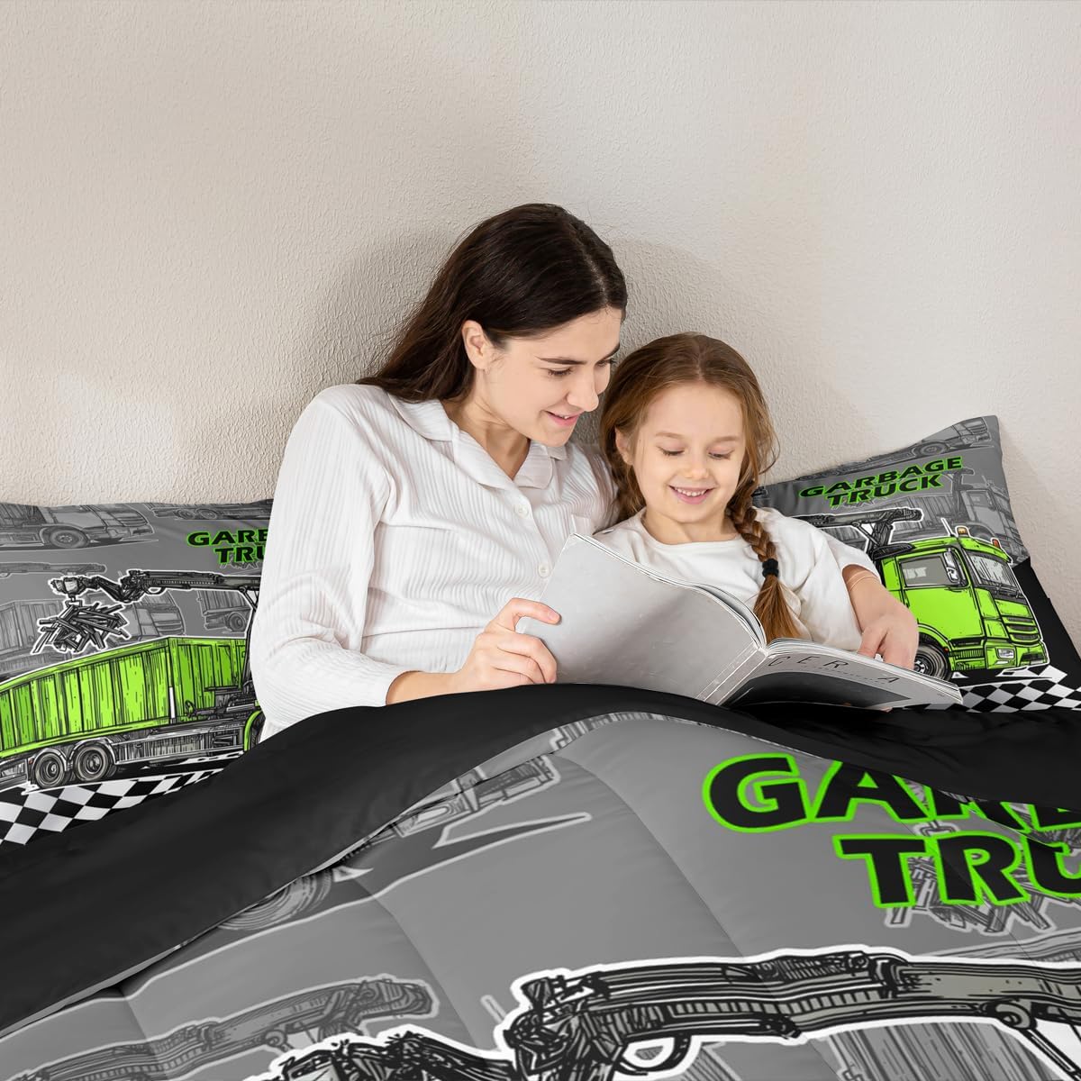 Garbage Truck Kids Comforter Set Queen Size,Green Rubbish Car Bedding Set,Girls Boys Adults Room Decor,Geometric Checkerboard Patchwork Down Comforter,Black White Chic Duvet Insert,2 Pillowcases