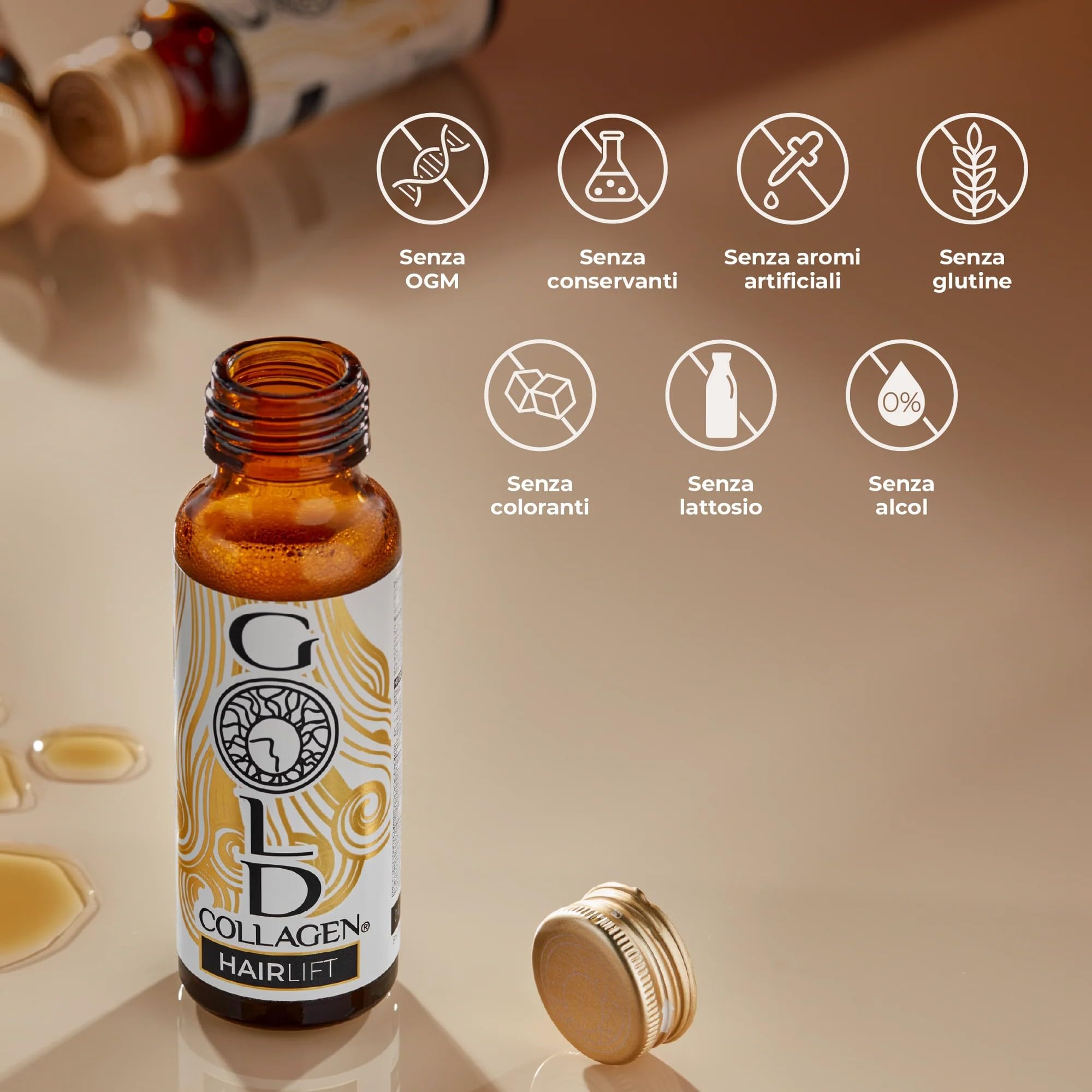 GOLD COLLAGEN Hairlift - Integratore Capelli Liquido al Collagene Marino con Acido Ialuronico, Biotina Capelli, Cheratina, Zinco, Vitamina C e B6, Fortifica Capelli Pelle Unghie - 10 Flaconi da 50 ml