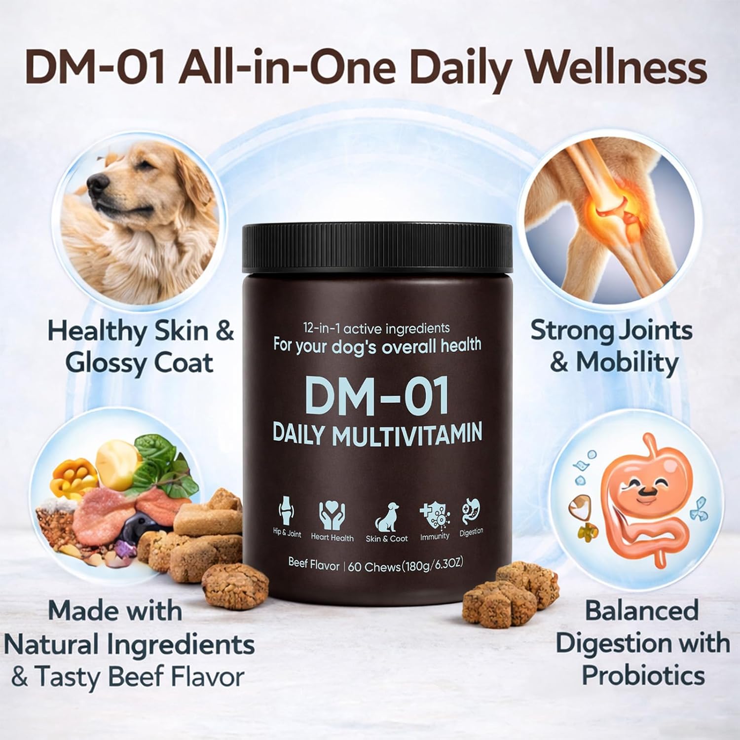 DM-01 Daily Multivitamin for Dogs, Dog Daily Multivitamin for Skin & Coat Health, Joint Support, Digestive Health, with Salmon Oil, Chondroitin, and Natural Vitamins, Beef Flavor, 60 Chews (1)