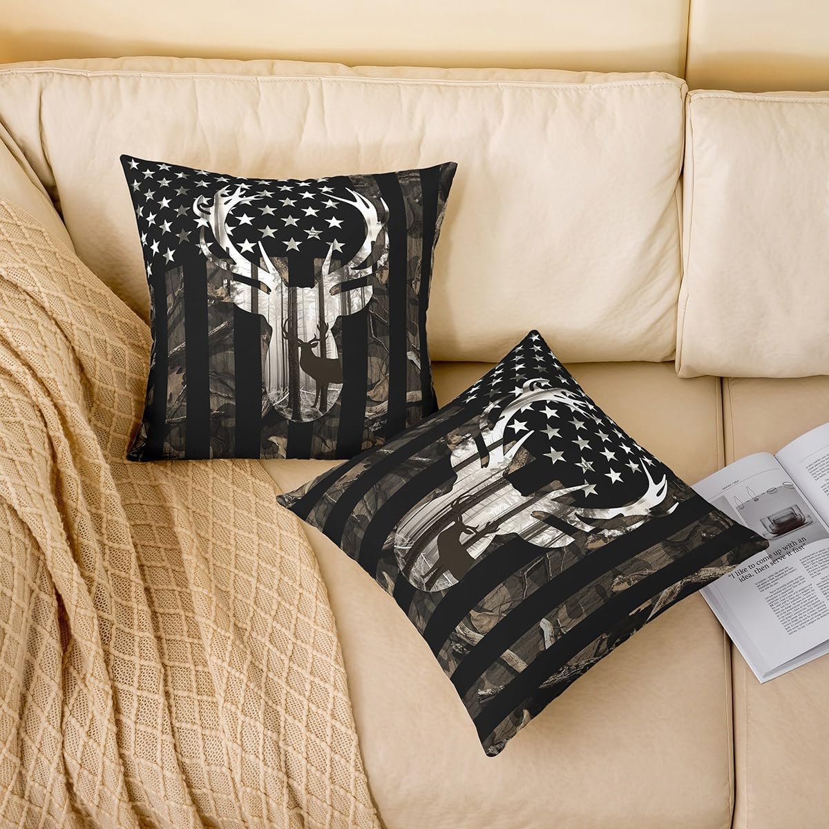 Camo American Flag Throw Pillow Cover Set of 2,Deer Antlers Grey Camouflage Soft Reversible Print Cushion Cover for Bed Sofa,Wild Animal Branches Leaves Stars Square Couch Pillow Cover,24"x 24"