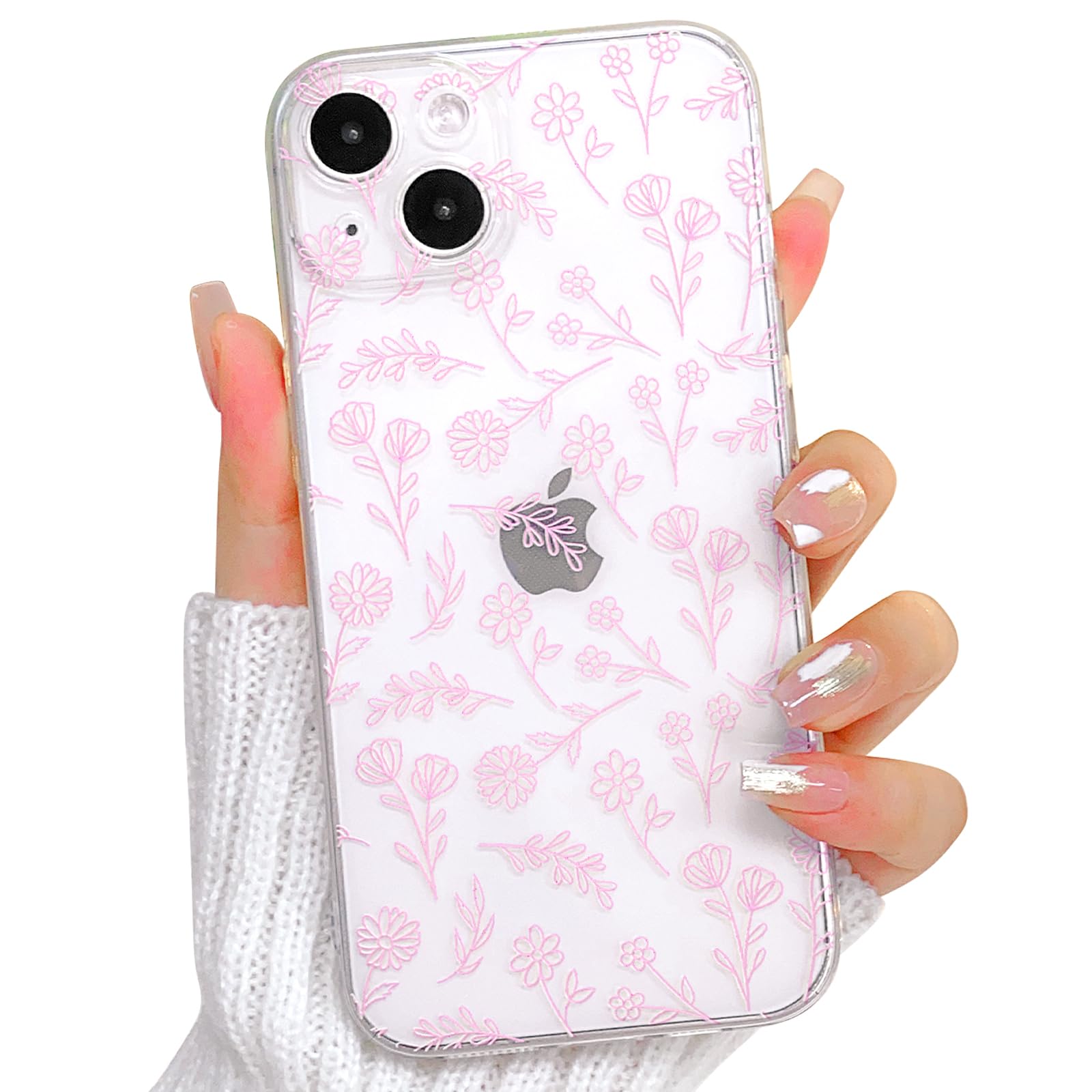 Compatible for iPhone 13 Case Cute Clear Oil Flower Floral Leaf Design for Girls Women Soft TPU Shockproof Protective Girly for iPhone 13-Small Pink Floral