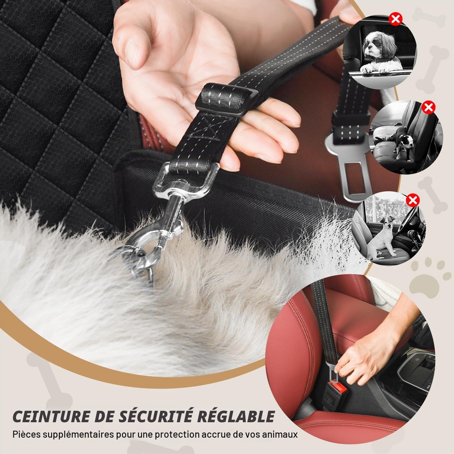 Siège Auto Chien Sécurisé Imperméable et Anti-Griffes, Filet de Rangement et Ceinture Sécurité Adjustable, Installation Facile sur Siège Passager pour Chiens de Petite et Moyenne Taille, Noir