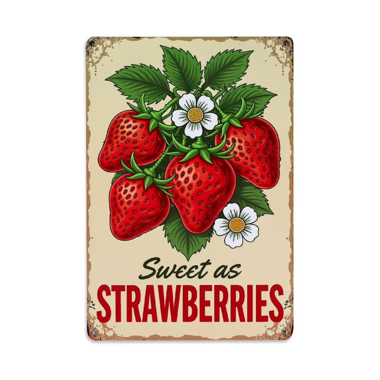 Strawberries Flowers Leaves Stem Green Retro Metal Tin Sign, Vintage Decor Art Poster for Bar, Home, Man Cave, Kitchen, Laundry Room Gift 8x12Inch