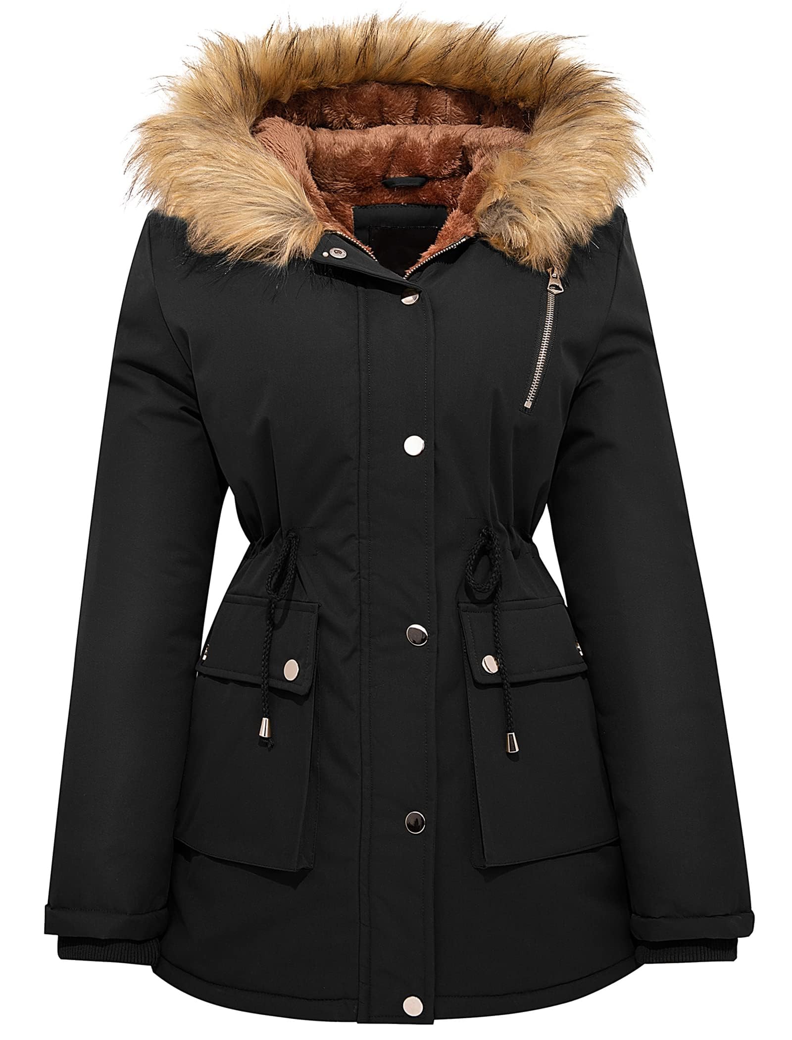 Garemcy Womens Winter Water Repellent Coat Thicken Puffer Jacket Warm Fleece Lined Parka With Fur Hood Coat X-Large Black