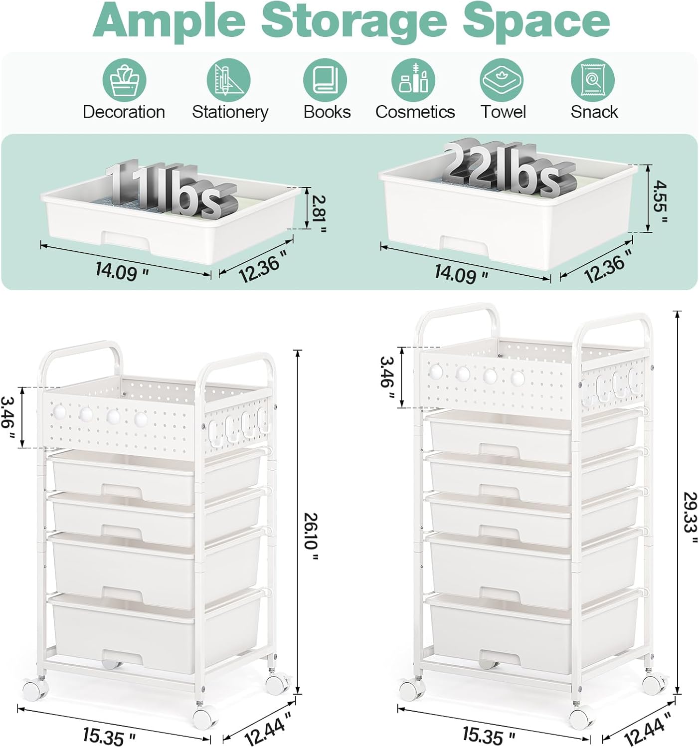 5 Drawer Rolling Storage Cart with Pegboard Top and Hooks, Mobile Utility Organizer with Wheels for Office Supplies, Craft Storage, Classroom Organization, Home Storage Cart, White