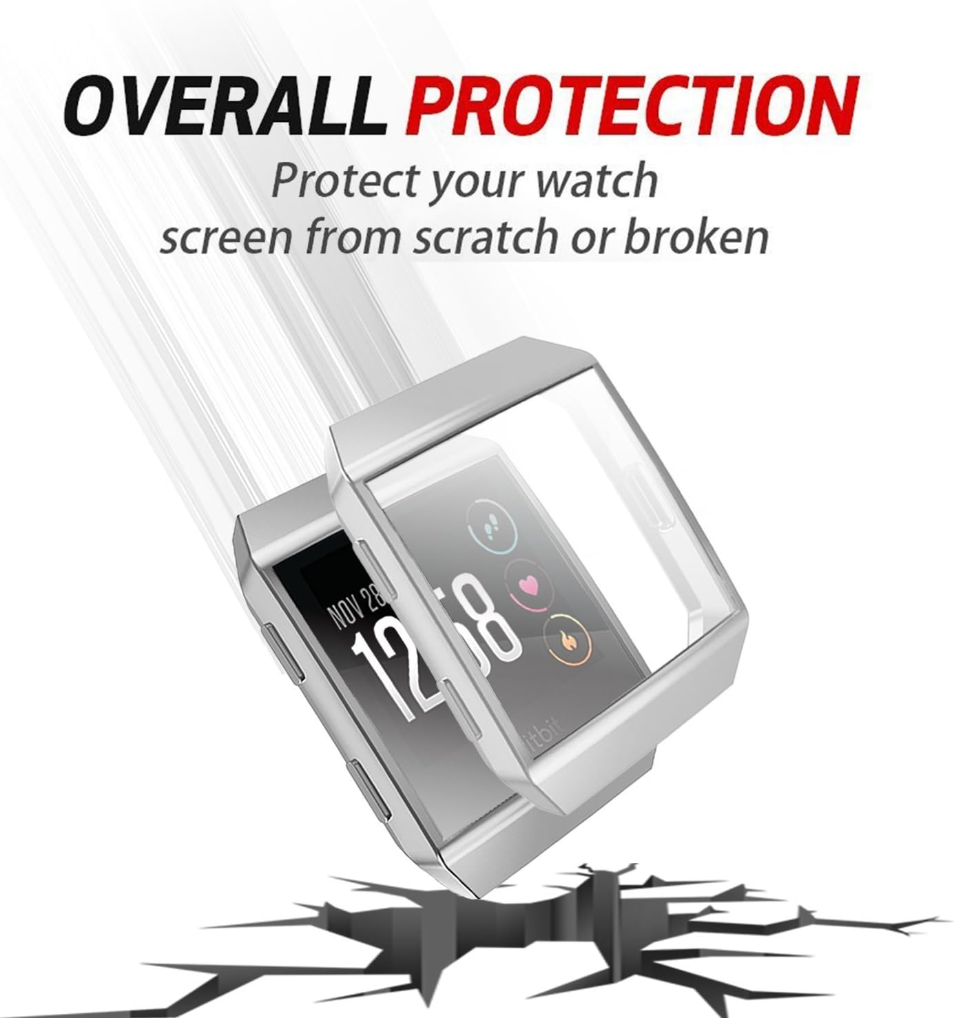 (2-Pack) KPYJA for Fitbit Ionic Screen Protector, TPU All-around Protective Case High Defination Clear Ultra-Thin Cover for Fitbit Ionic Smart Fitness Watch (Silver/Clear)