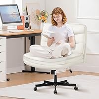 GTPLAYER Criss Cross Legged Office Chair with Wheels - Extra Wide Armless Desk Chair, 2-Layer Cushion, Beige PU Leather, Adjustable Height & Recline