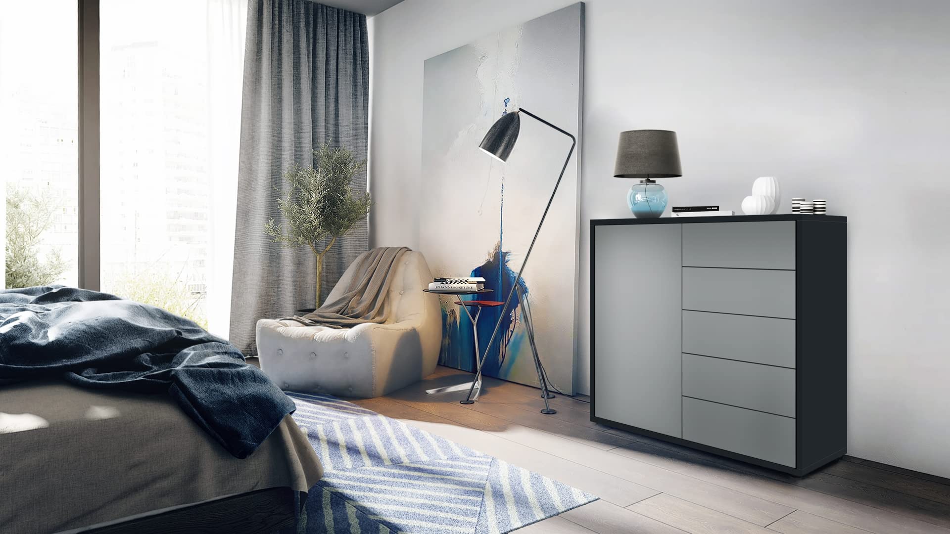 Vladon Buffet Ben V2, Commode avec 1 Portes et 5 tiroirs, Noir Mat/Graphite satiné Mat (79 x 74 x 36 cm)
