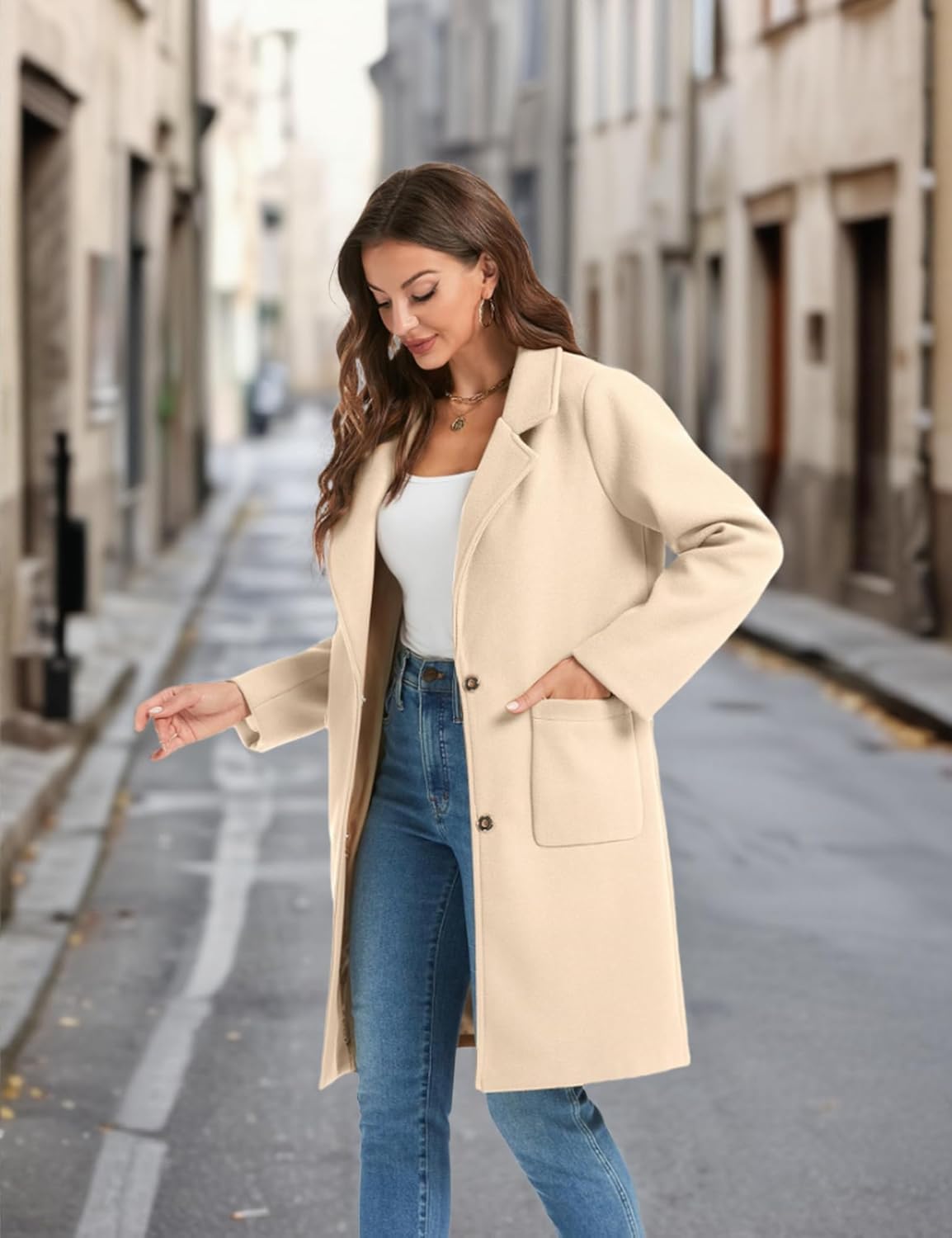Omoone Women's Winter Wool Blend Coat Notch Lapel Mid Long Single Breasted Pea Coat Jacket Outwear