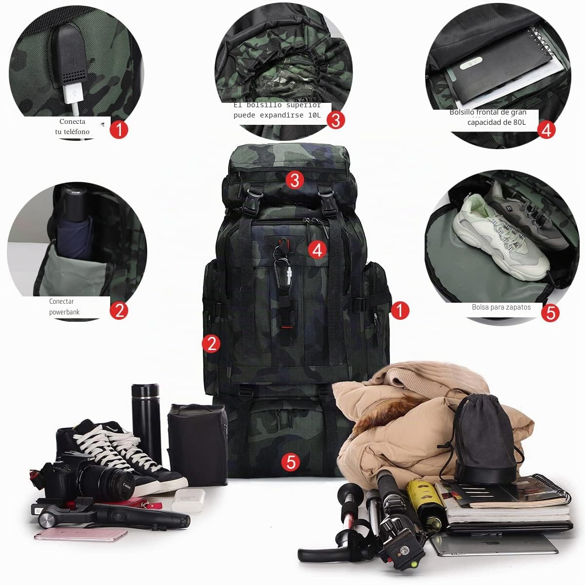 A-QMZL Mochila de senderismo 80L, mochilas de senderismo, mochila de viaje, mochila para alpinismo impermeable, Daypack de escalada camping y turismo para hombre y mujer