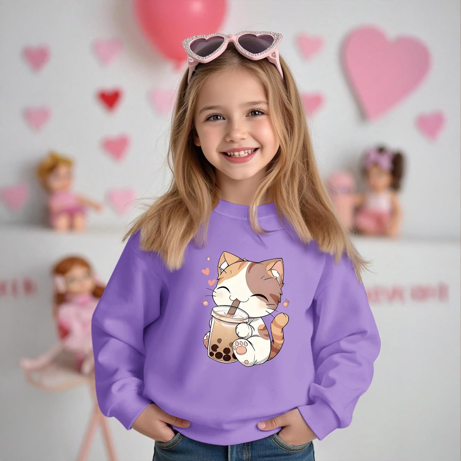 KEEVICI Cute Cat Sweatshirt For Girls Kawaii Graphic Hoodie Kids Cartoon Animal Print Pullover Cotton Long Sleeve Shirts Tops - Image 2