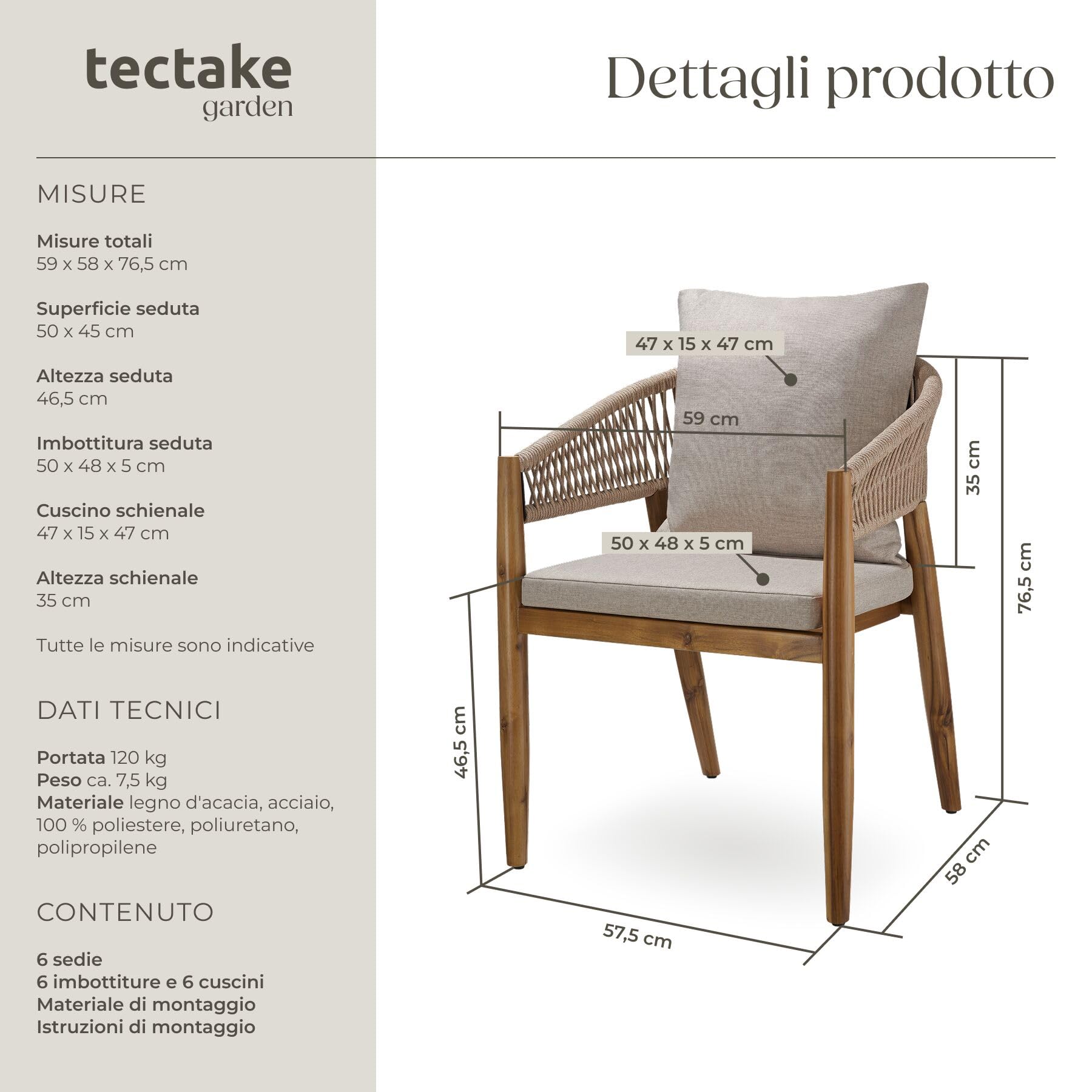 Tectake Set di 6 Sedie da Giardino Poltrona Design a Corda Sedia Struttura in Acacia Cuscini Spessi Morbidi Rivestimenti Idrorepellenti Lavabili Piedini Regolabili Sabbia