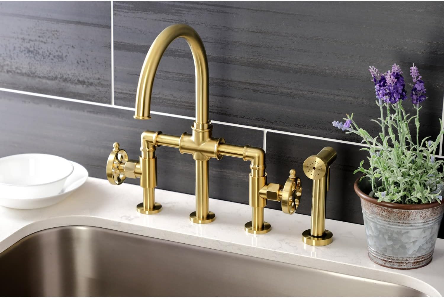 Kingston Brass KS2334RX Belknap Industrial Style Bridge Kitchen Faucet with Brass Sprayer, Black Stainless