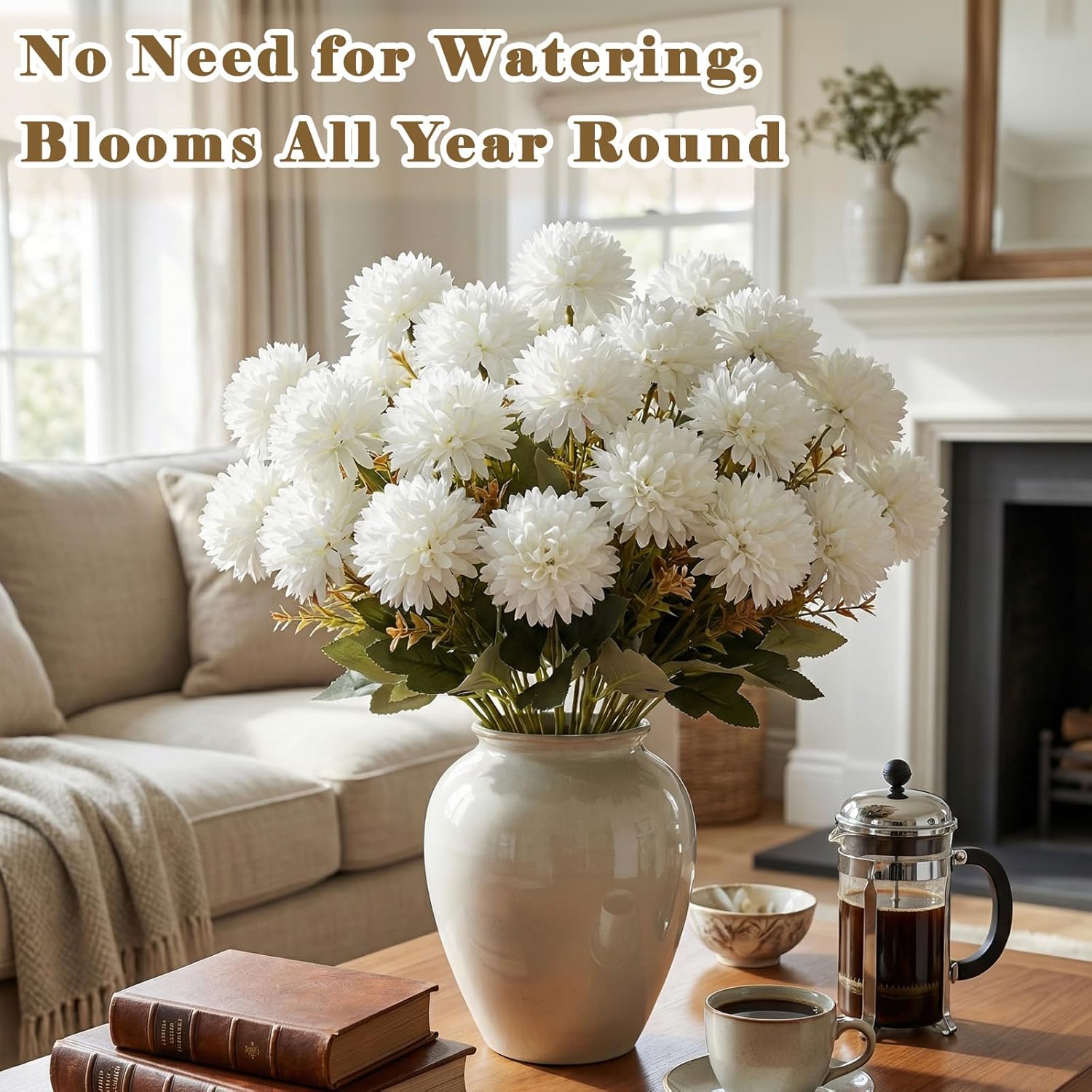 12PCS Artificial Mum Flowers for Outdoor, Cream White Faux Chrysanthemums Outdoor UV Resistant Silk Flowers for Pot Porch Vase, Memorial Day Cemetery Grave Decorations, Wedding, 72 Flower Heads