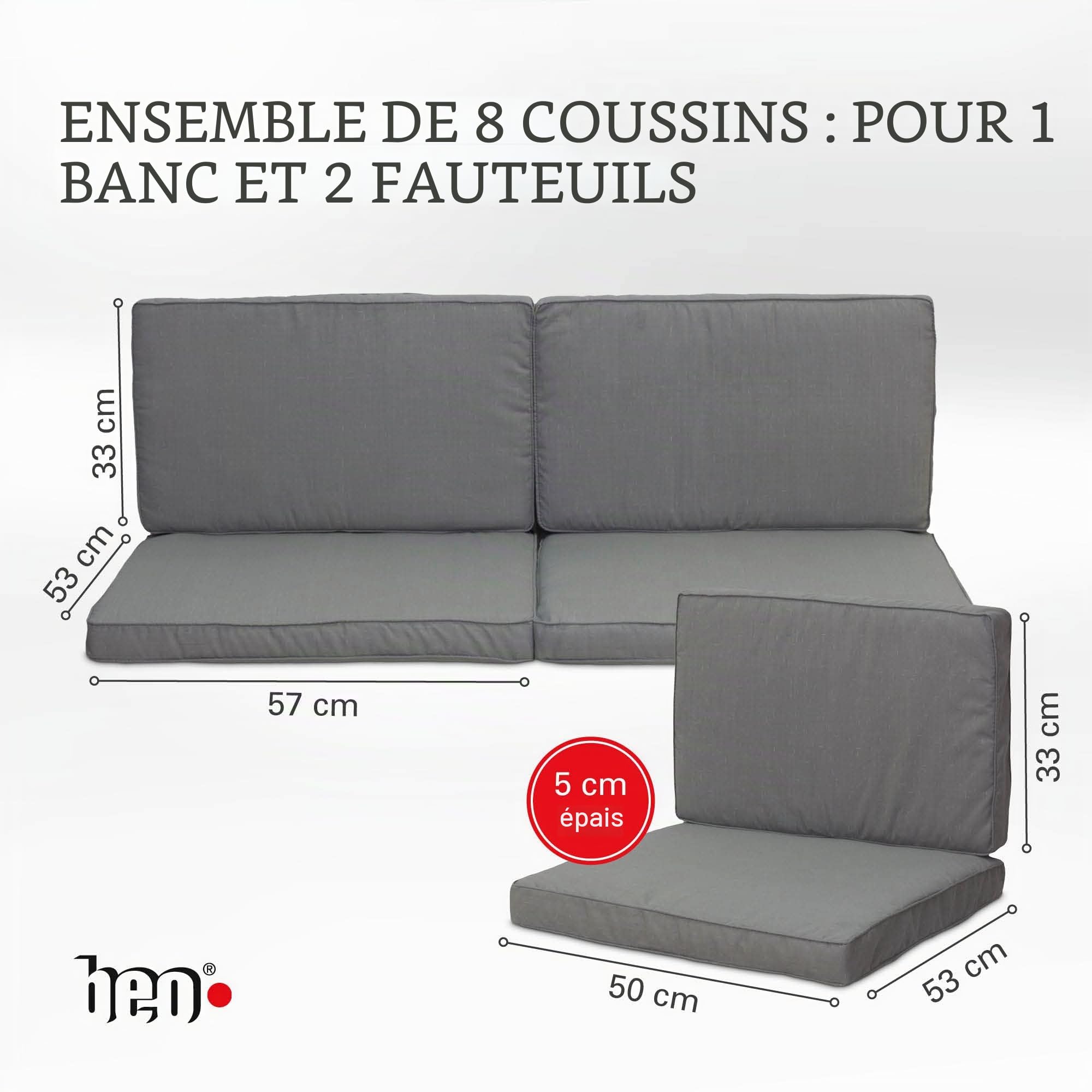Ensemble de 8 coussins pour meubles en rotain/osier pour salon, gris foncé, rembourrage inclus 50 % coton/50 % polyester avec fermeture Éclair