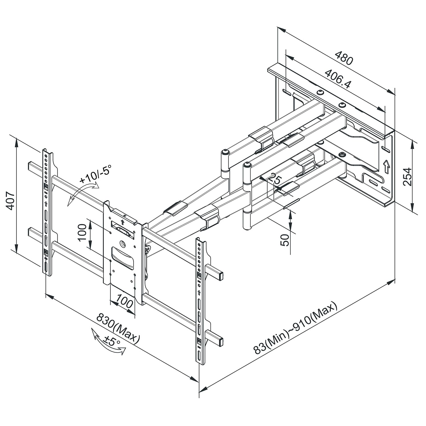 My Wall H 27-2 XL - Supporto da parete per TV allungabile, girevole, inclinabile, girevole, nero