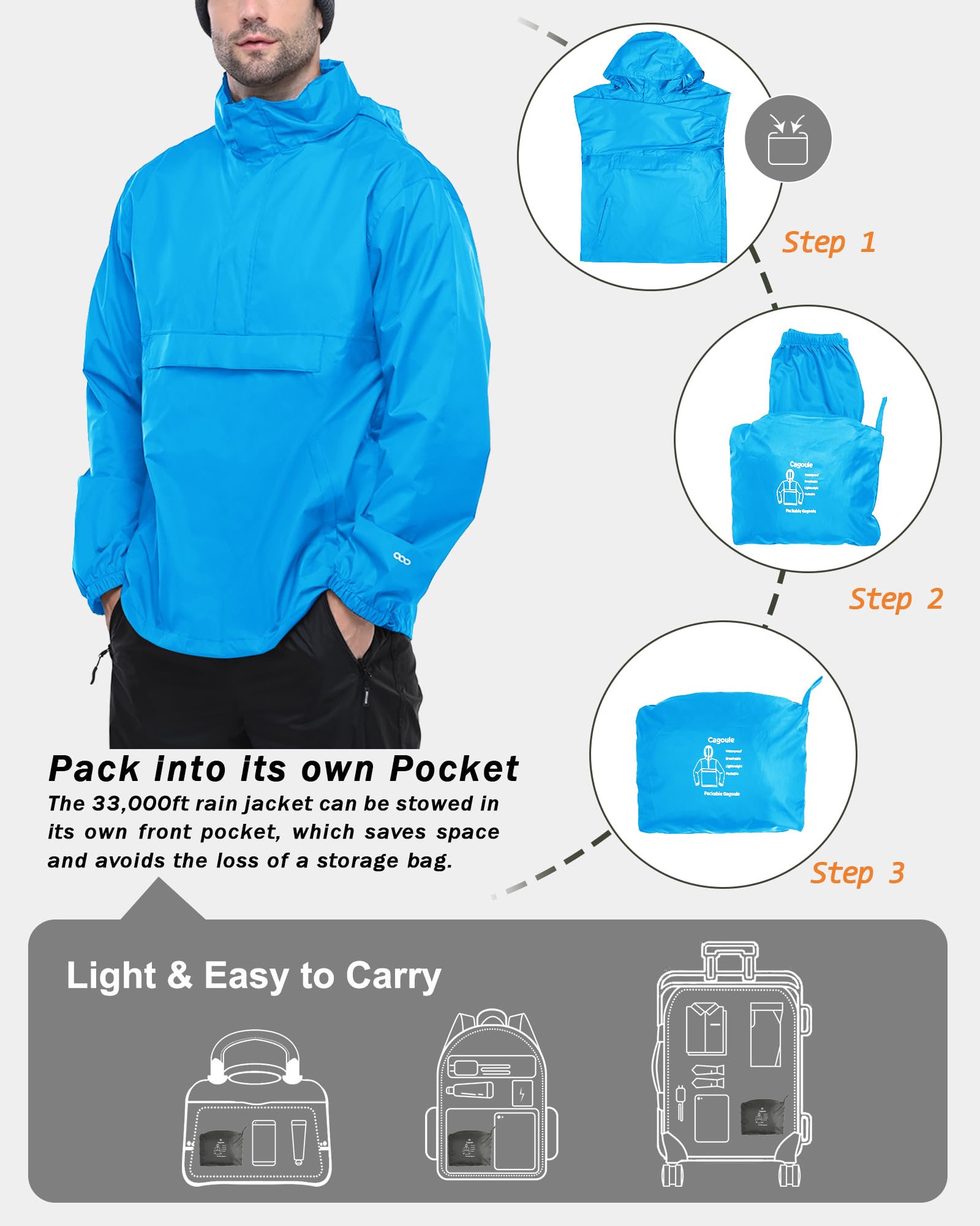 33,000ft Herren Regenjacke Leichter Wasserdichter Packbarer Pullover mit Kapuze und Reflektor für Fahrrad Wandern Outdoor