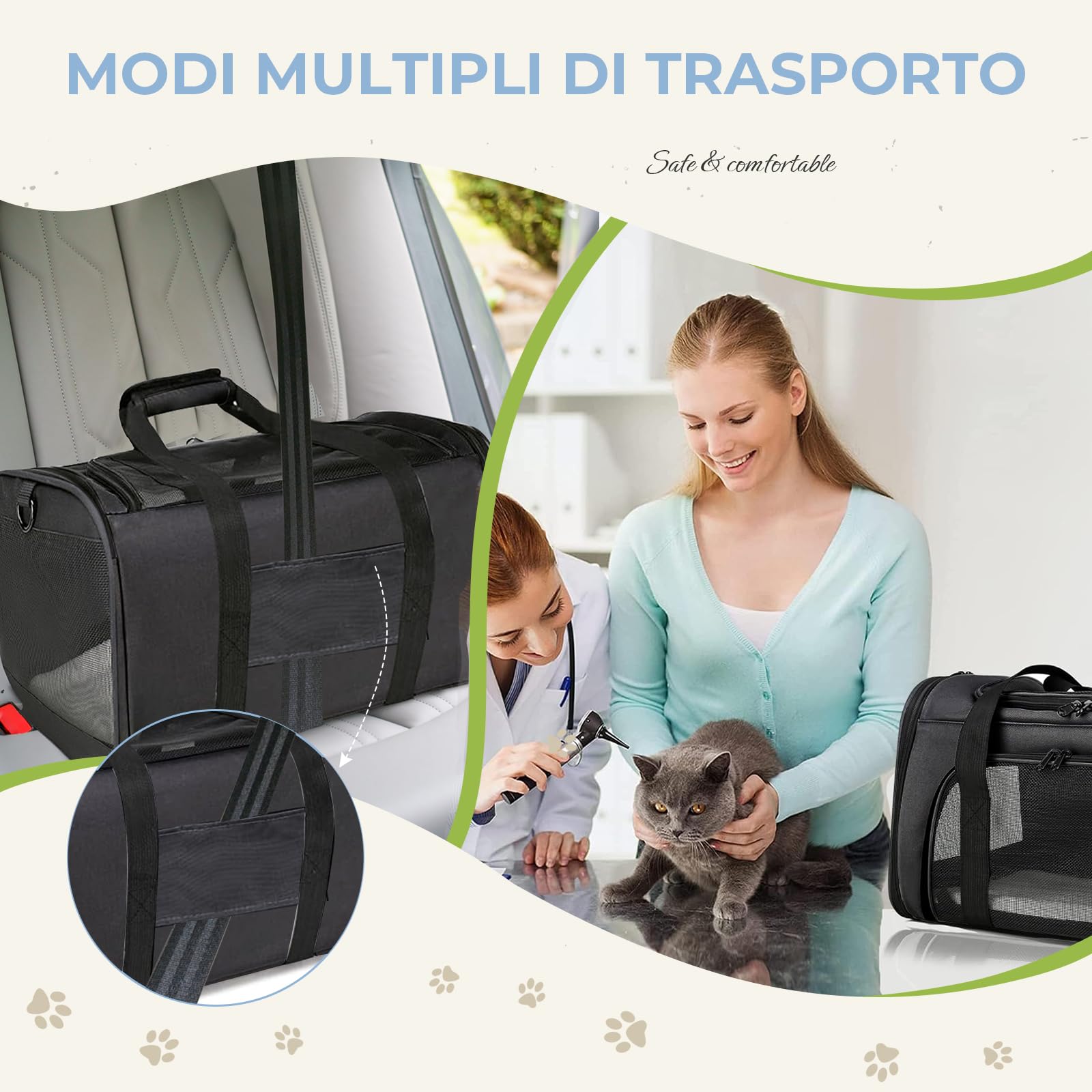 Borsa per gatti traspirante, pieghevole, adatta per gatti di piccole e medie dimensioni e cani sotto i 15 lb(6,8 kg), aperture multiple nella parte superiore (Nero, L)