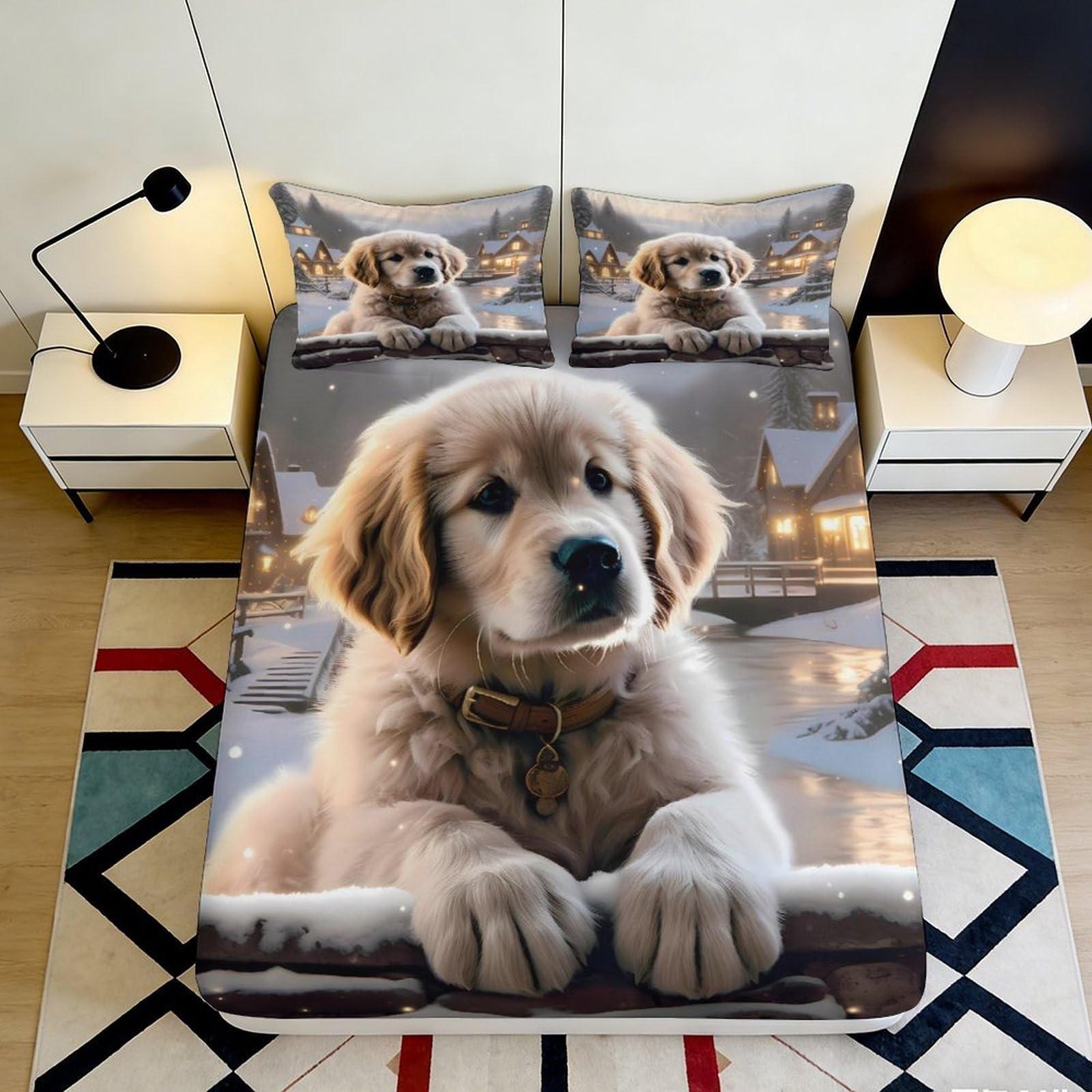3D Printed Golden Retriever Puppy Fitted Sheet Microfiber Non-Slip Bed Cover for Bedroom Dorm Mattress Protection Decor 90x200x25cm