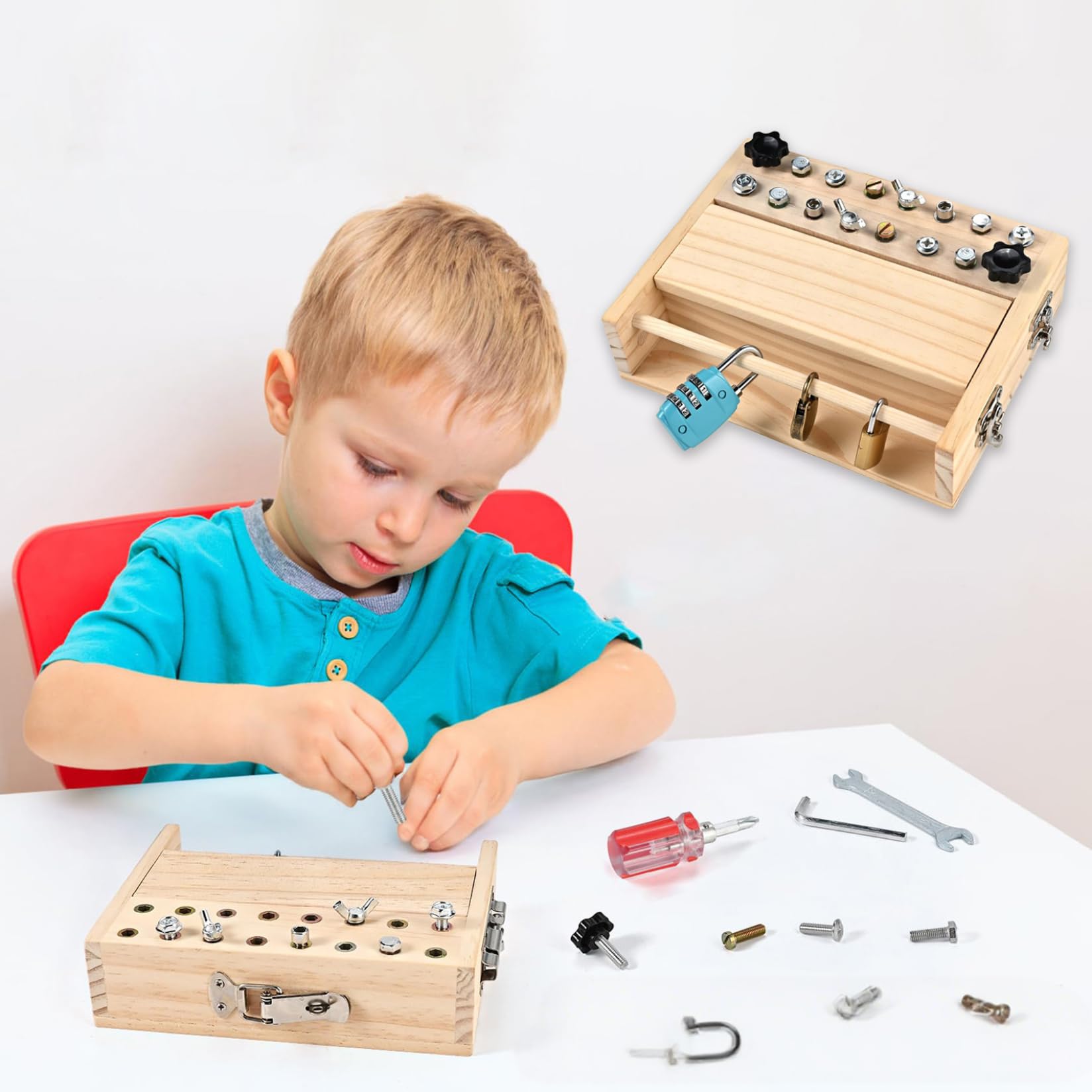 1 Tablero Ocupado, Destornillador de Madera, Juego de Tablero Ocupado Montessori con Cerradura y Llave, Juego de Herramientas para Preescolar Educativo para niños de 3 a 6 años