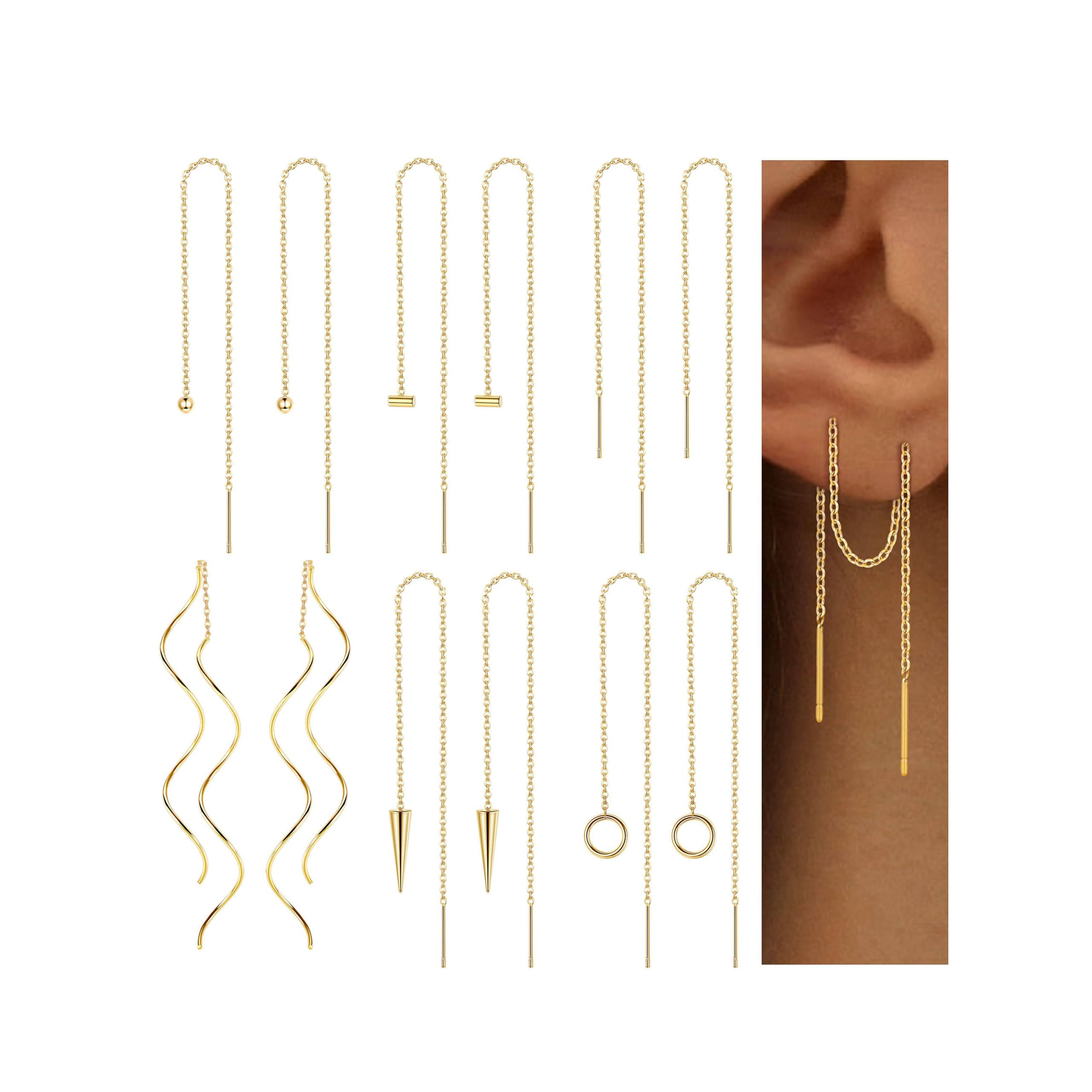 ORAZIO 6 Pairs Stainless Steel Chain Tassel Earrings for Women Lightweight Wave Threader Ball Dangle Drop Minimalist Chain Earrings Set