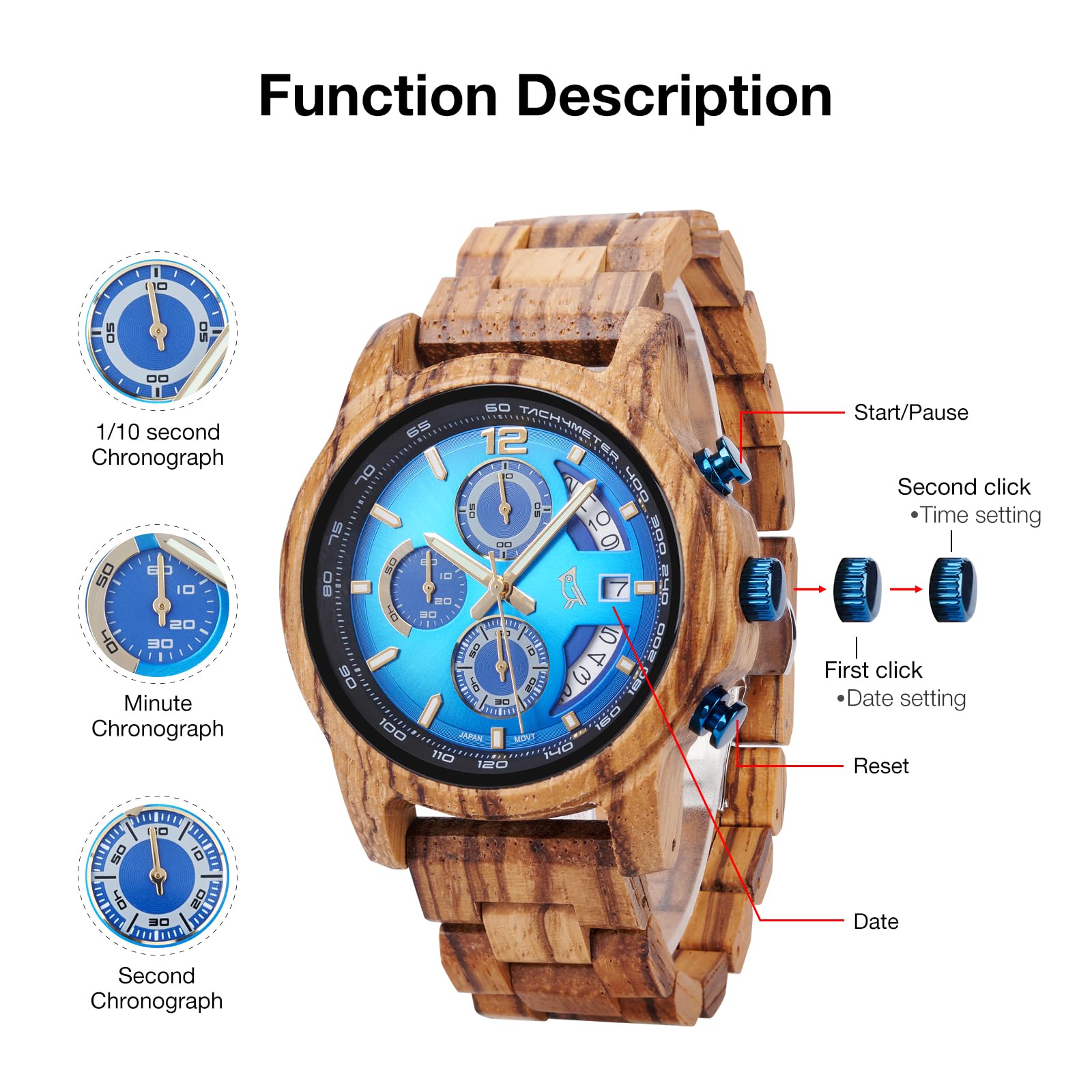 2win Reloj de madera grabado para hombre, esfera azul de cebra, reloj cronógrafo para marido, aniversario, cumpleaños, Navidad, día de San Valentín, regalo de esposa