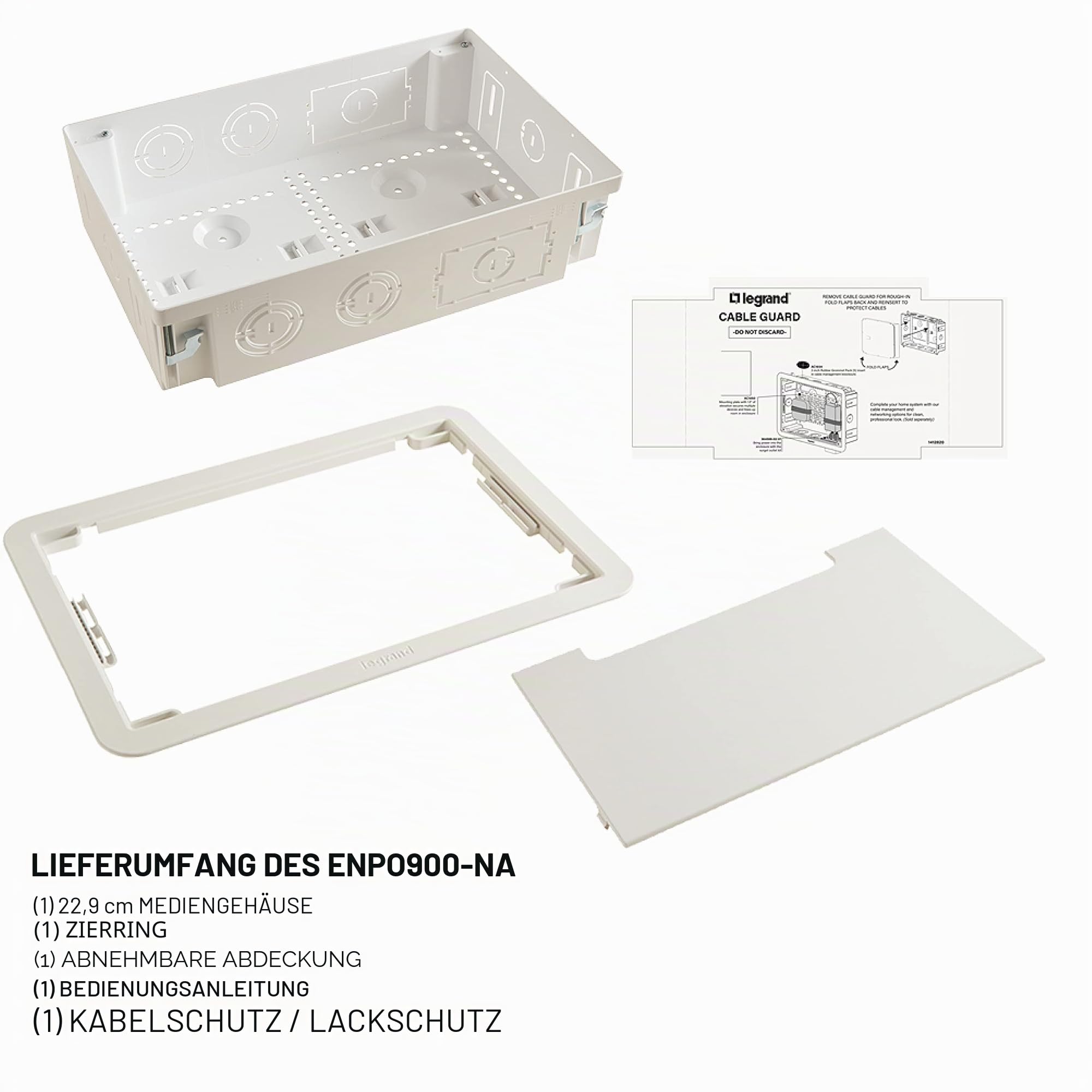 Legrand - OnQ Cable Management, strukturiertes Mediengehäuse, Wandeinbaugehäuse, TV-Heimkino-Box, versenkte Aufbewahrungsbox, vielseitig einsetzbar, 9 Zoll, Weiß (ENP0900-NA)