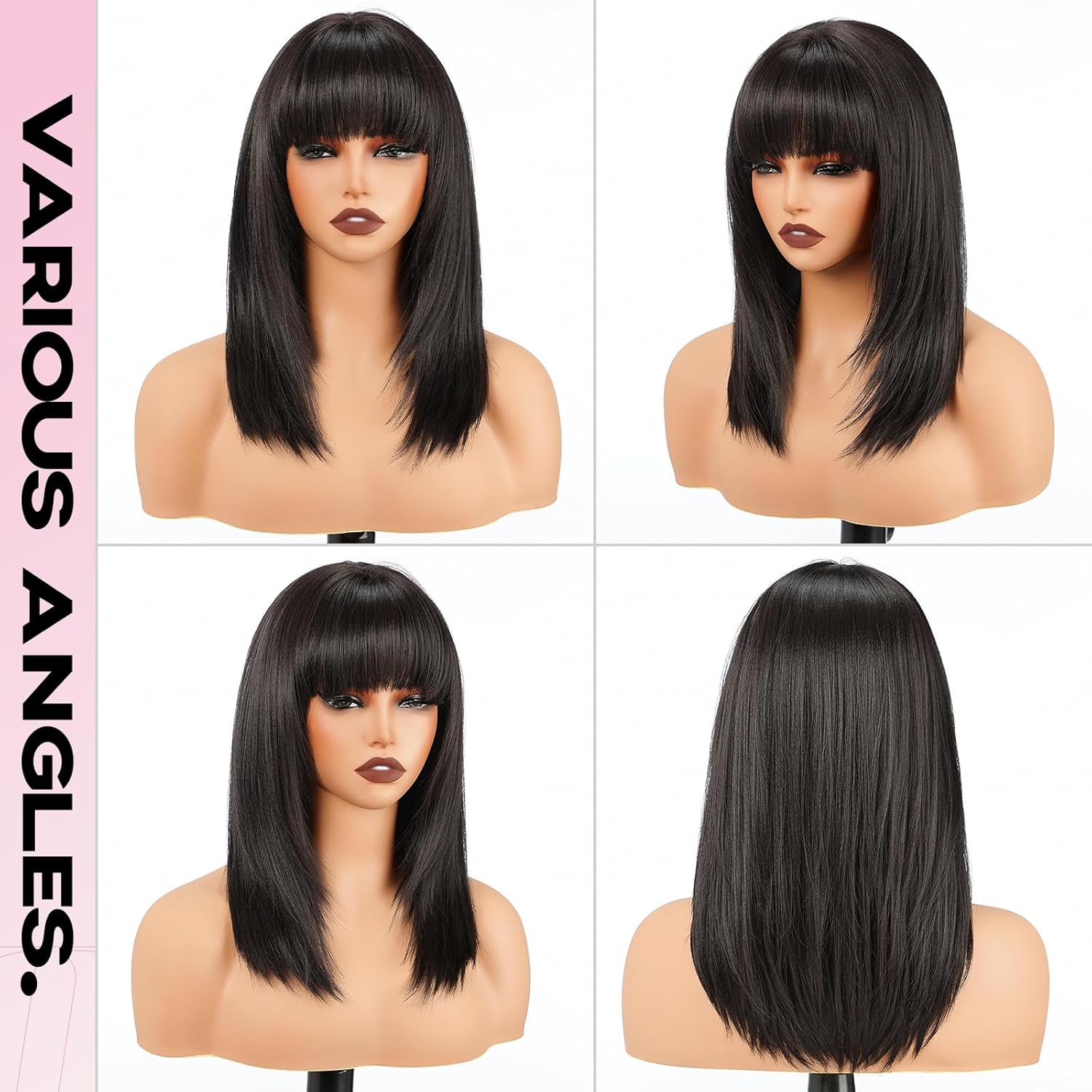 topshe Natural Black Wig with Bangs Straight Layered Wigs for Women Heat Resistant Synthetic Wig Shoulder Length Hair Natural Looking for Daily or Party Use 16 Inch - Image 6