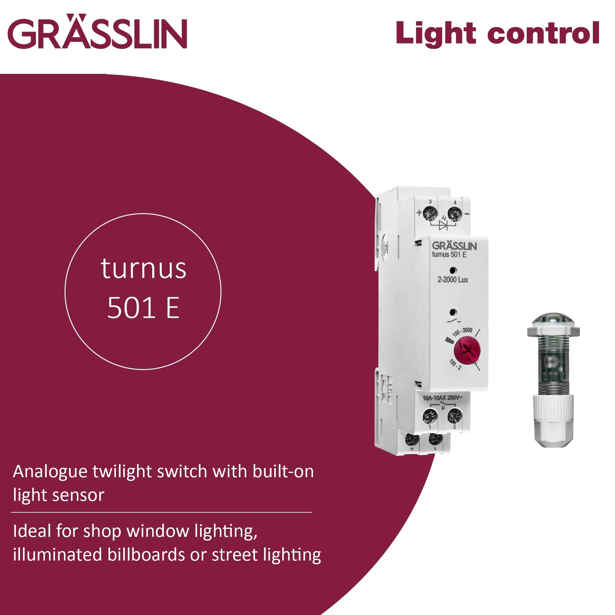 18.18.0014.1 Turnus 501 E - Interruttore crepuscolare analogico con sensore di luminosità esterno per interni ed esterni con sensore di luce incorporato/guida DIN