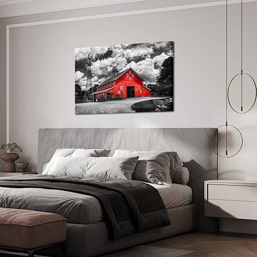 Miniatura 2 de Derkymo Arte de pared de granja negro y rojo, ilustraciones de granero para decoración rústica del hogar, molino de viento rústico de granero,