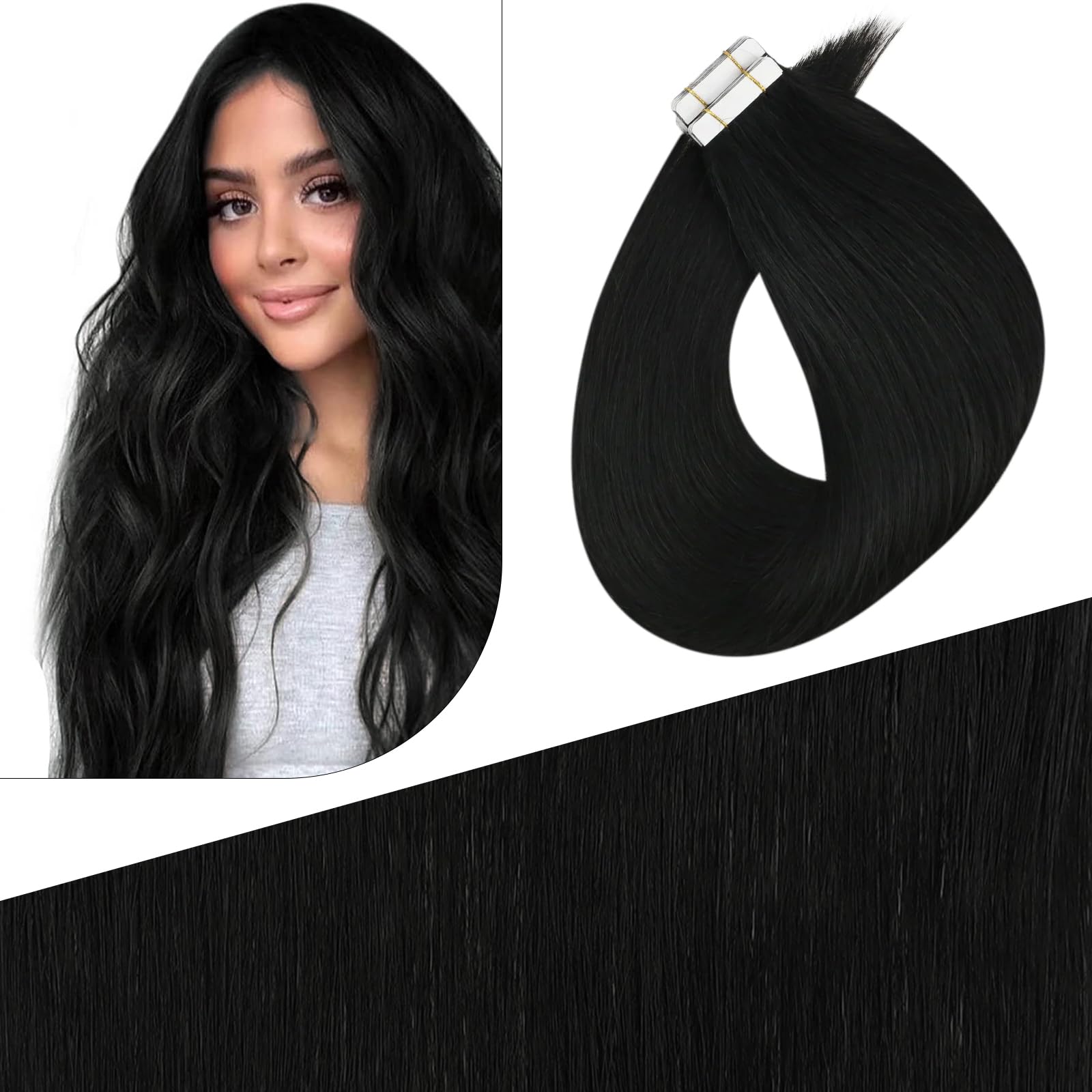 Fshine Biadesivo Extension Capelli Veri Vergine Nero Jet Extension Adesive Capelli Veri 55cm 25g 10pcs Tape In Extension Capelli Umani Lisci Extension Capelli Veri Biadesivo #1